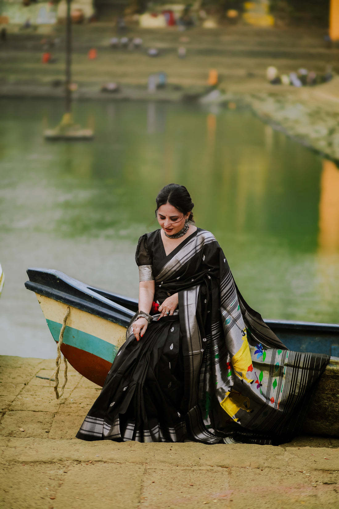 BLACK Pure Silk Paithani in silver zari with pichwai pallu