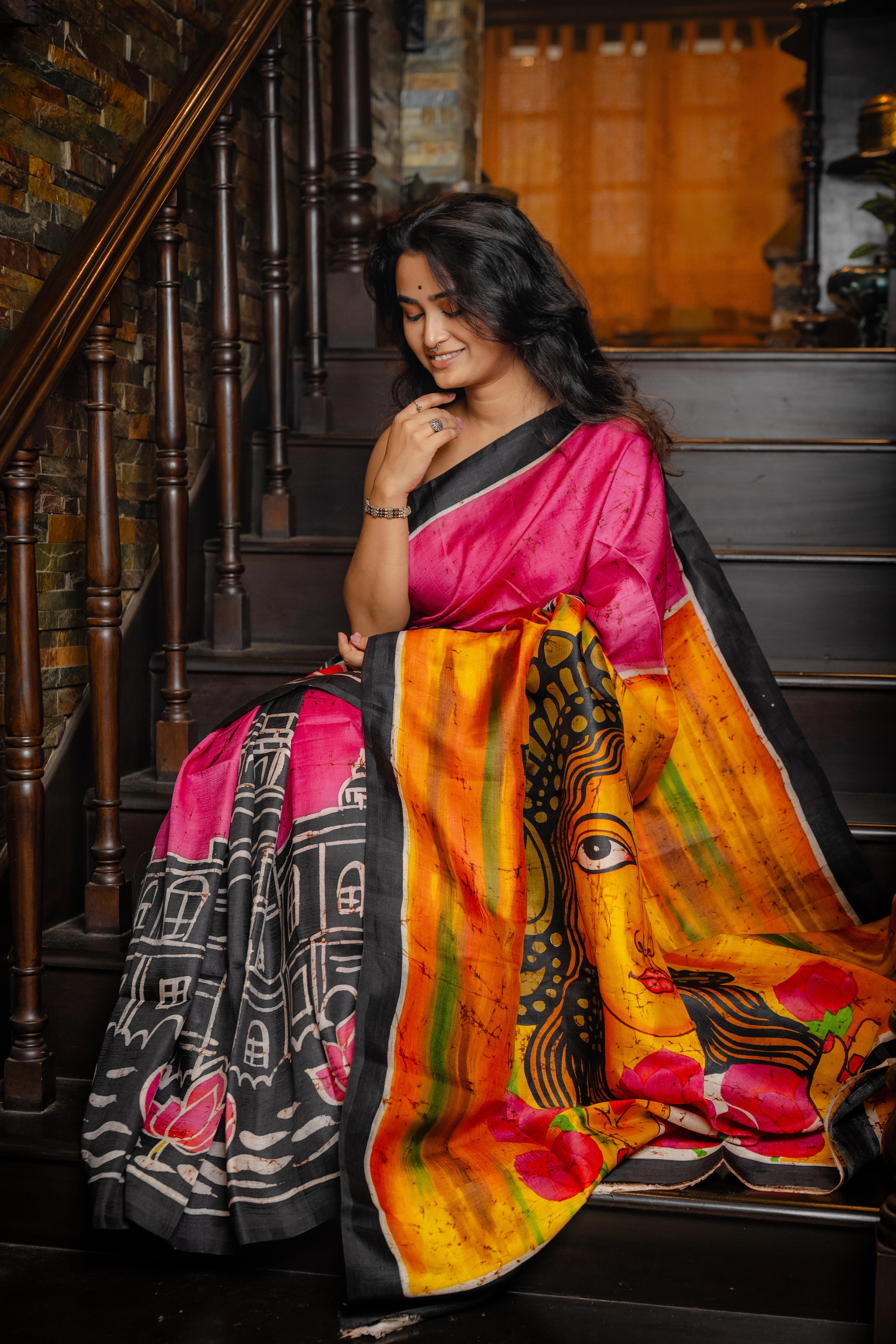 Hand-batik on silk sari