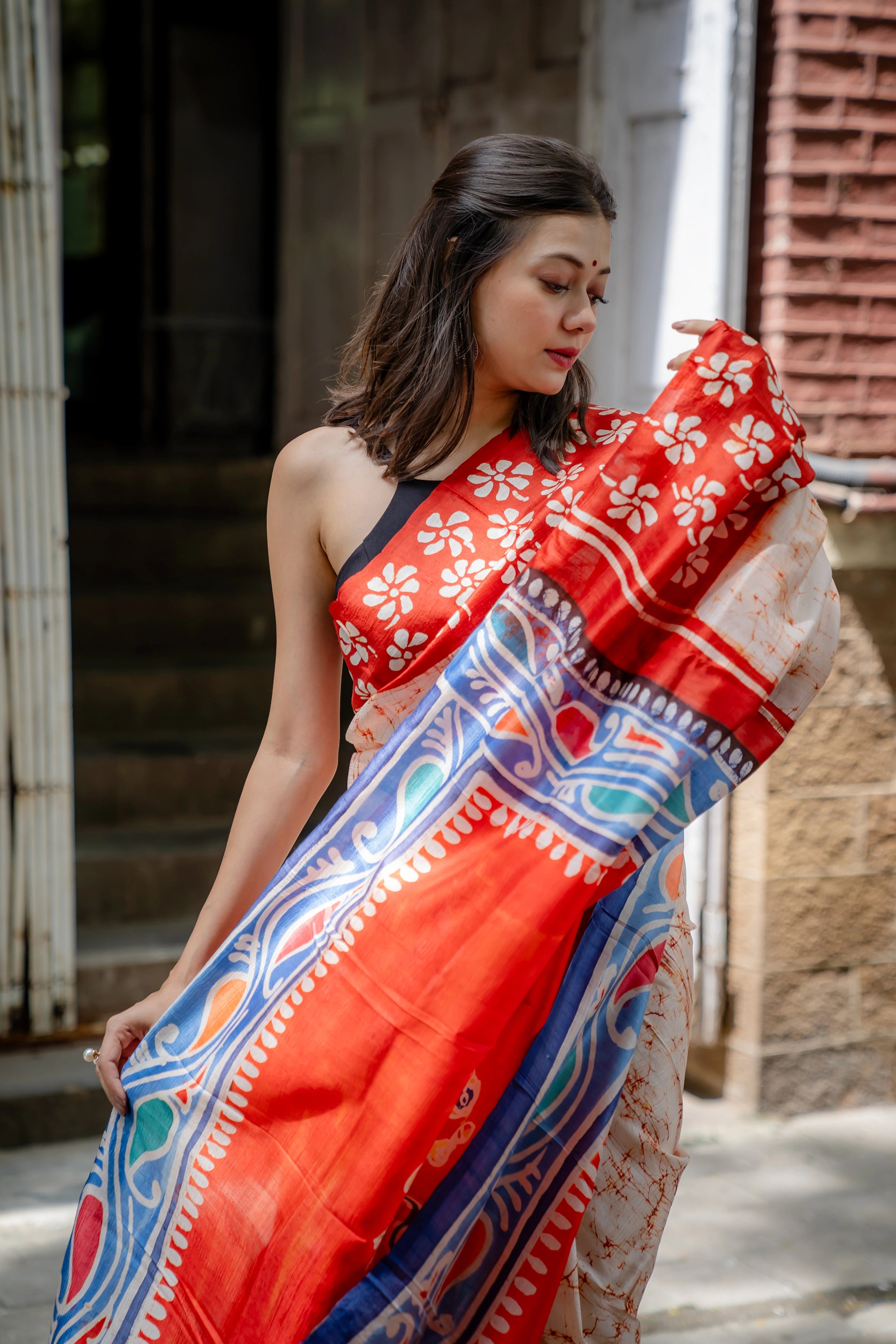 Hand-batik on silk sari
