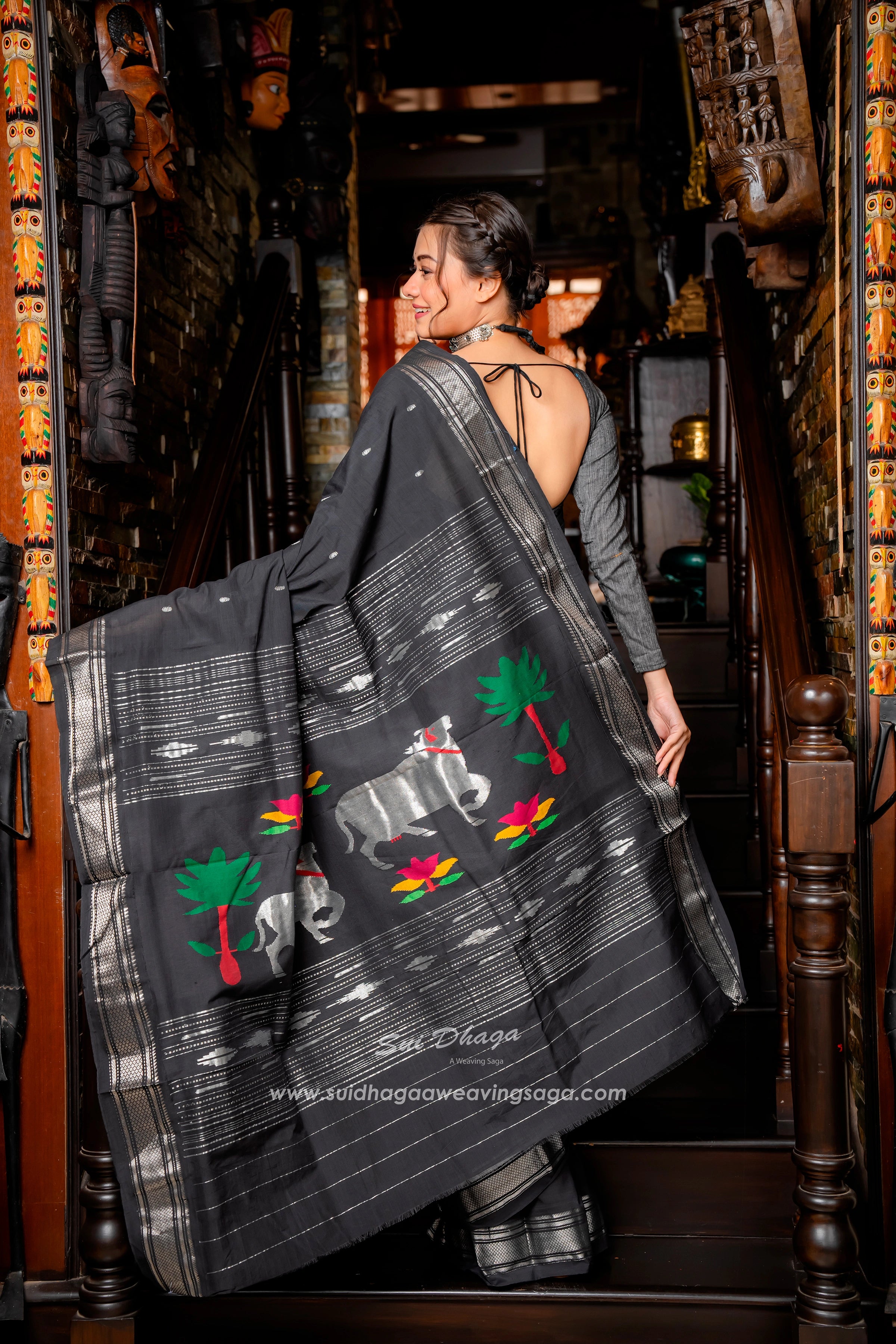Black Cotton Paithani with Exclusive Pichwai Pallu