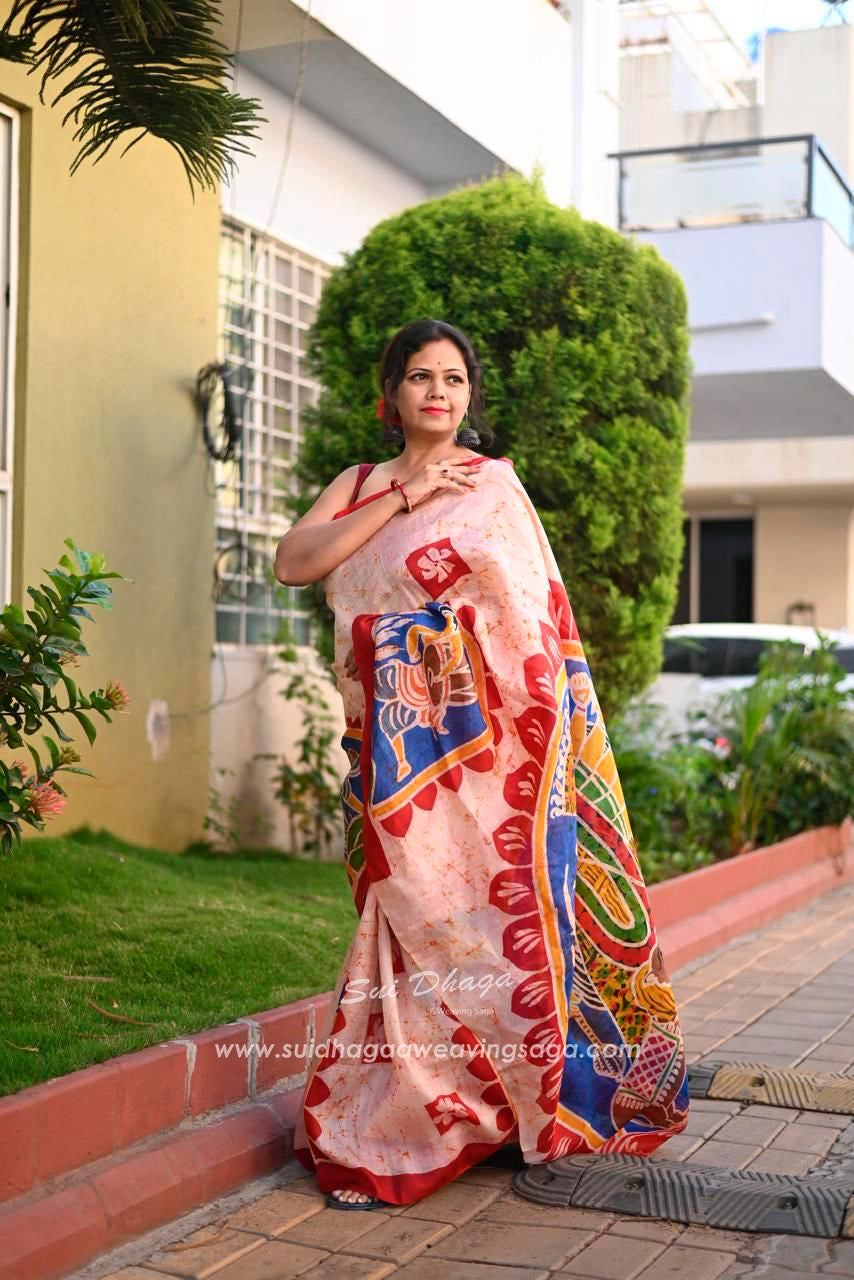 Hand-batik on silk sari
