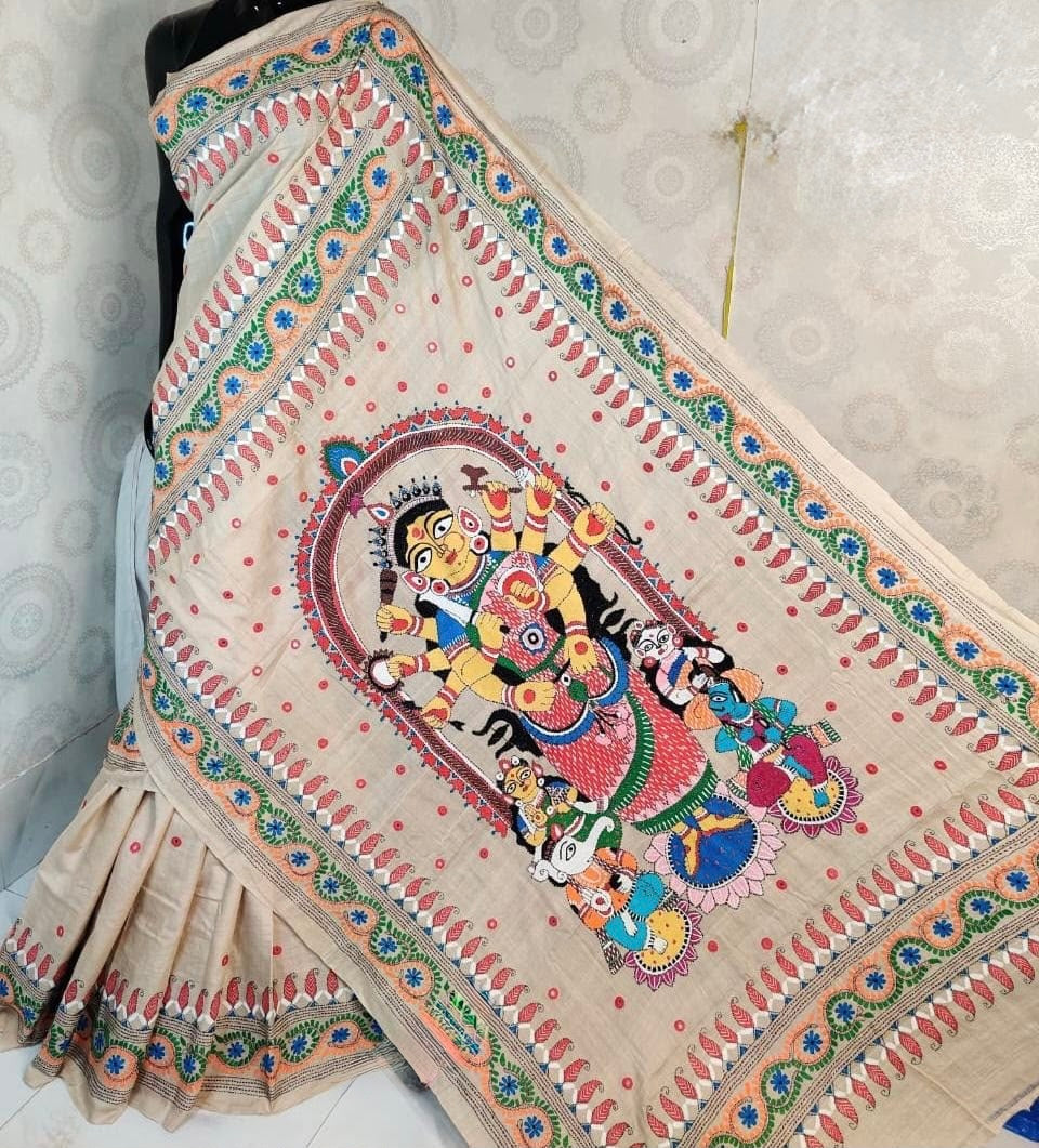 Designer Durga Maa Kantha Stitch Saree
