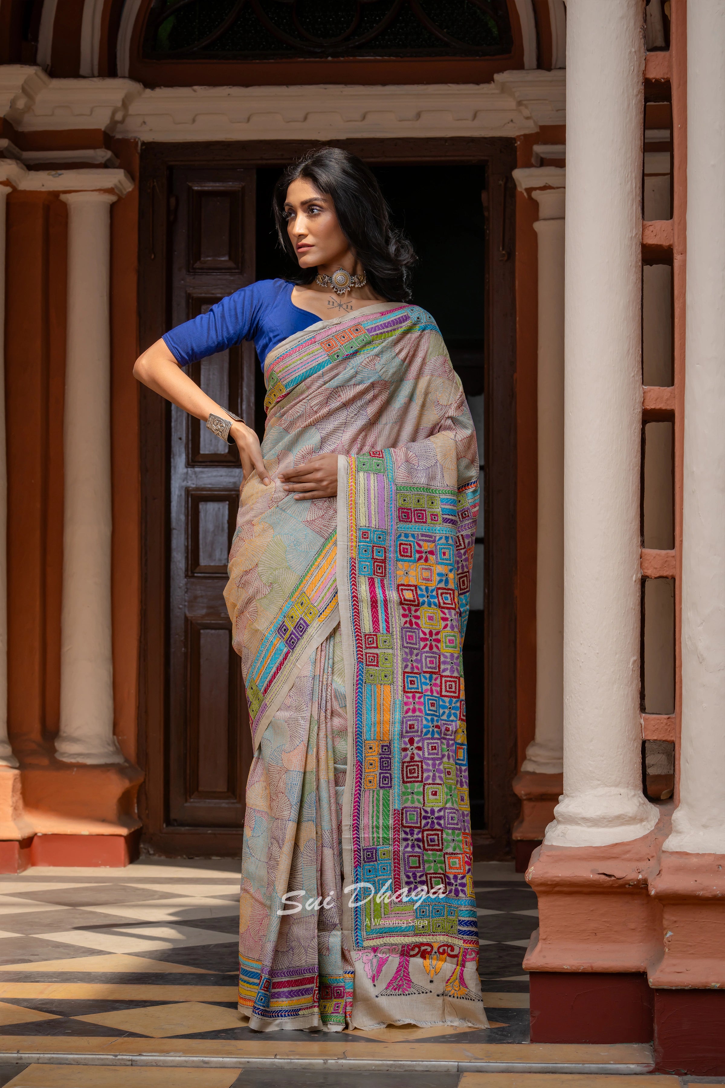 Handcrafted Kantha stitch on Pure Silk saree