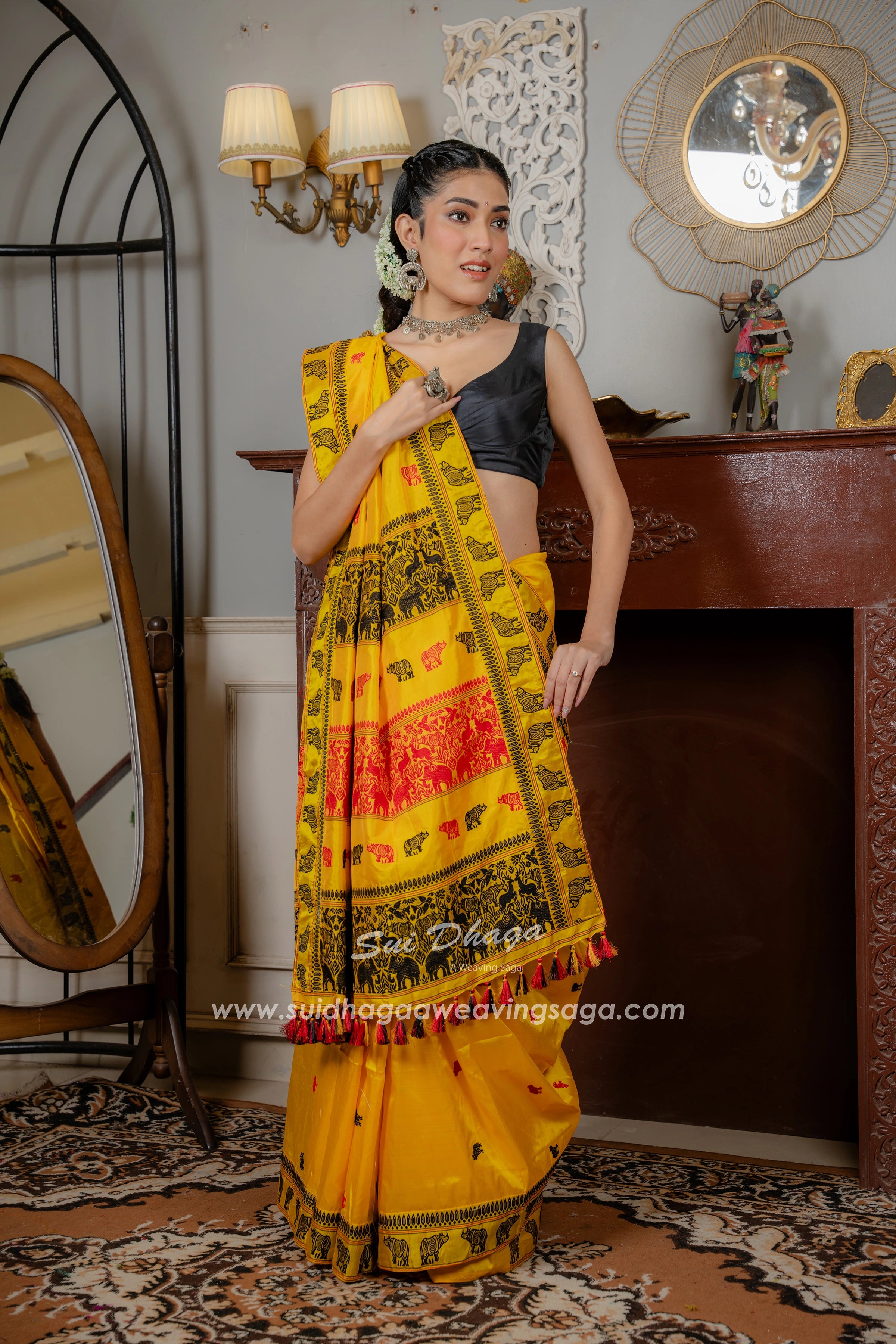 Yellow Coloured Handwoven Mulberry Exclusive Kaziranga Assam saree