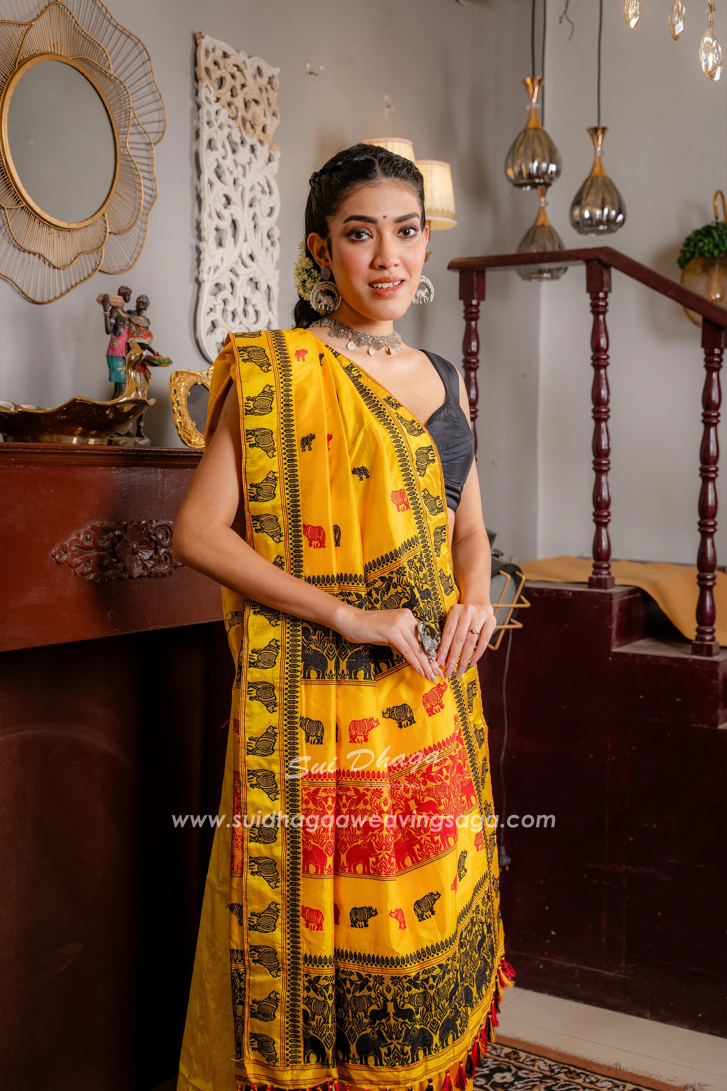 Yellow Coloured Handwoven Mulberry Exclusive Kaziranga Assam saree