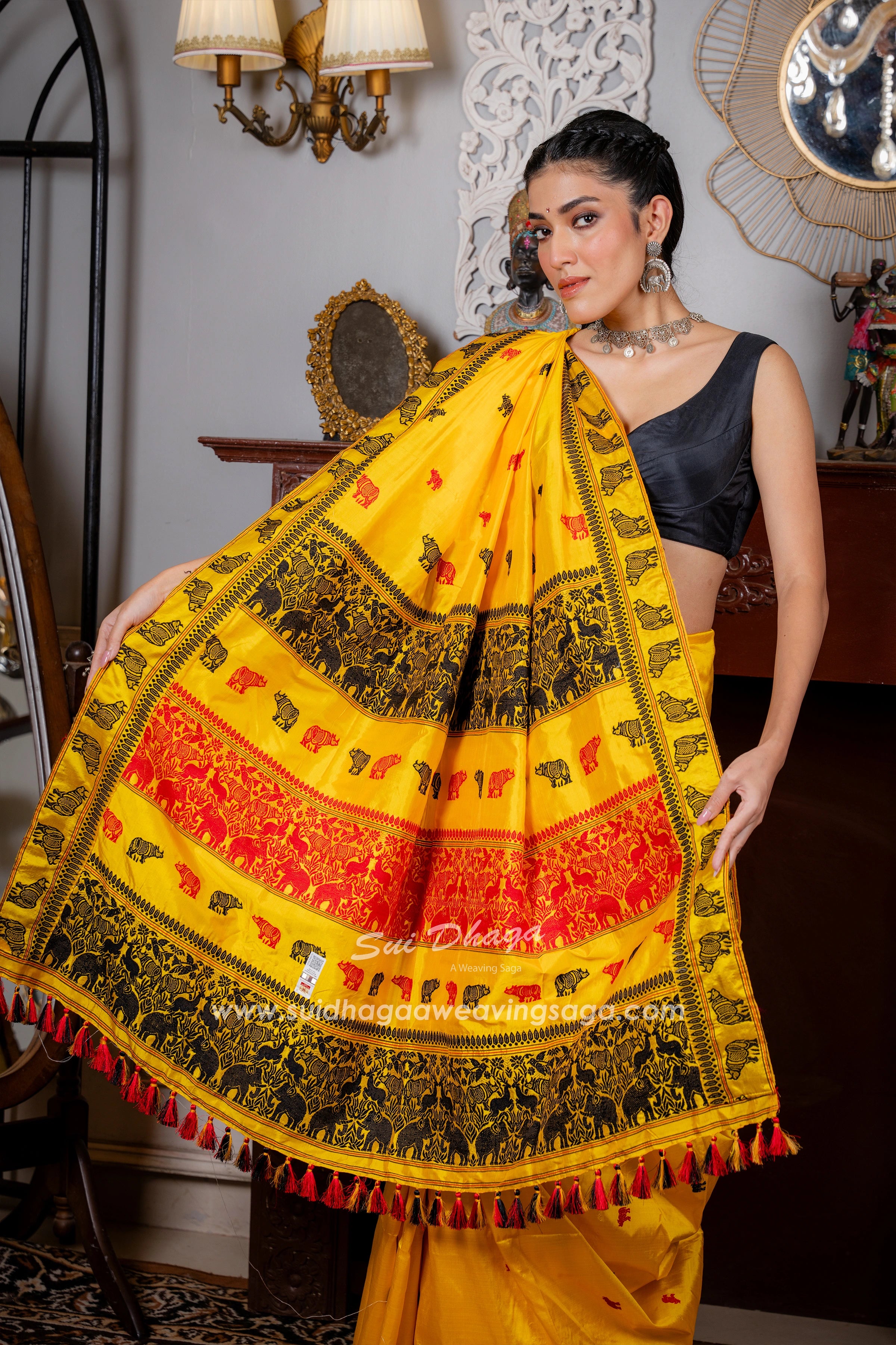 Yellow Coloured Handwoven Mulberry Exclusive Kaziranga Assam saree
