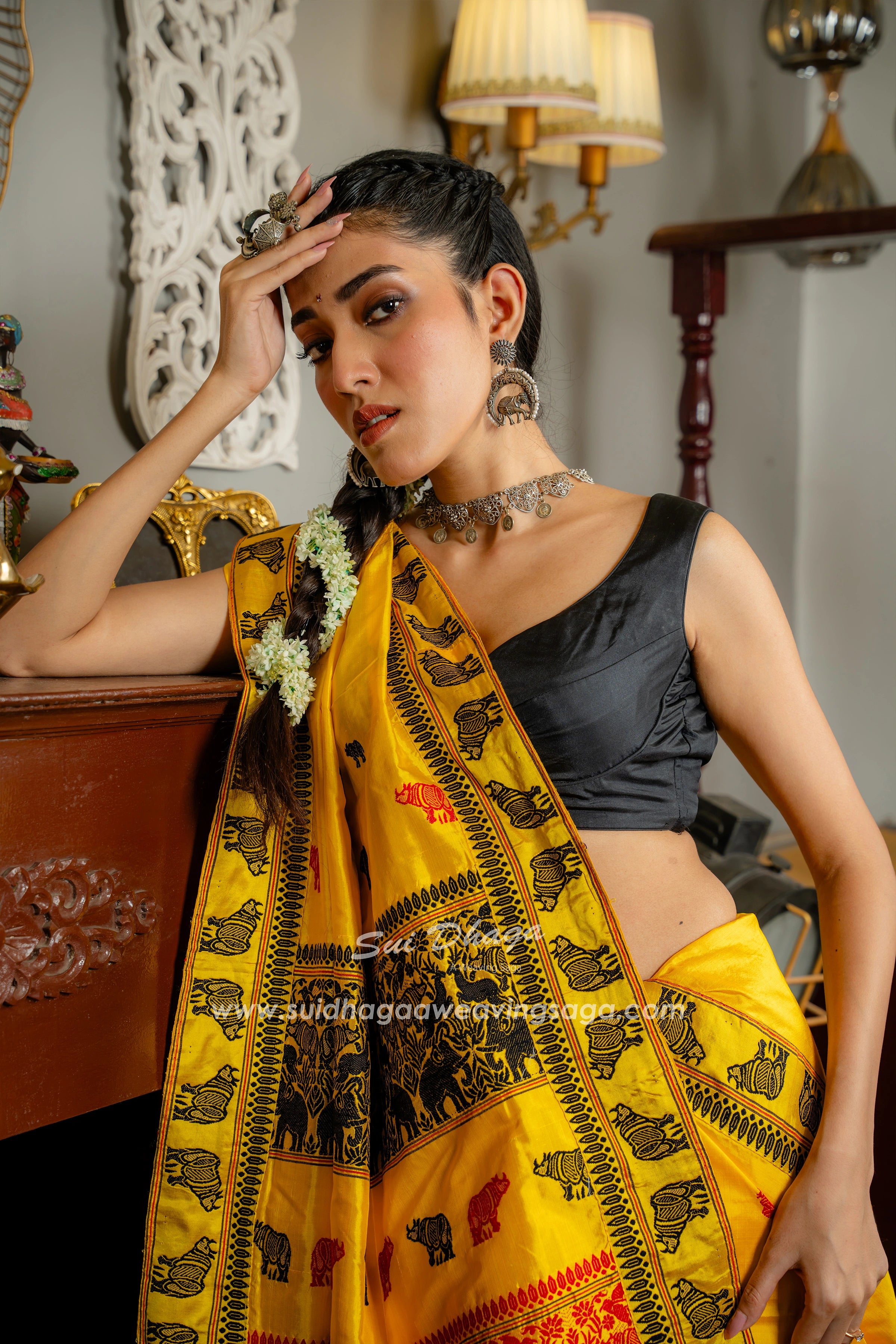 Yellow Coloured Handwoven Mulberry Exclusive Kaziranga Assam saree