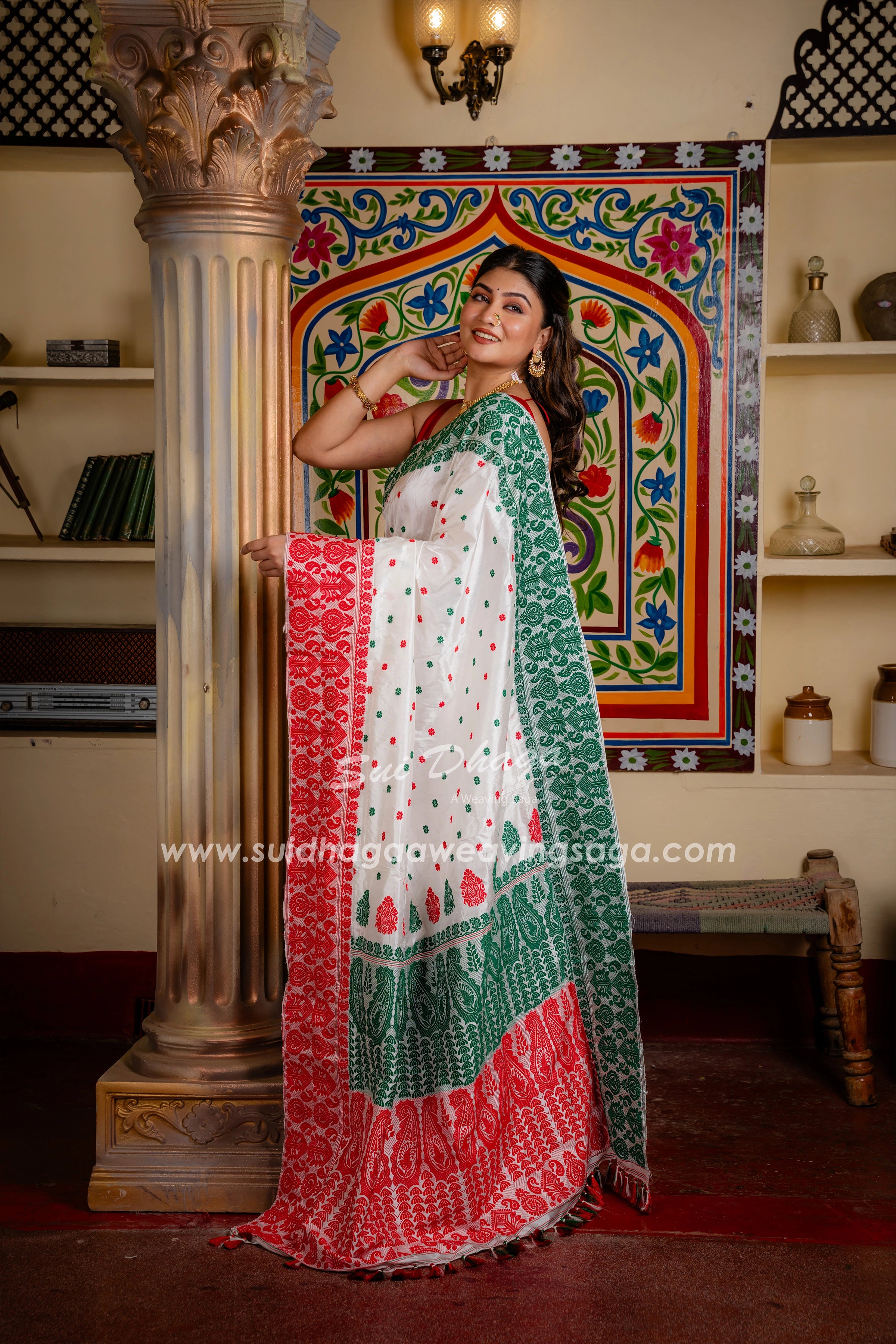 Ganga Jamuna Border Handwoven Designer Assam Mulberry Silk saree