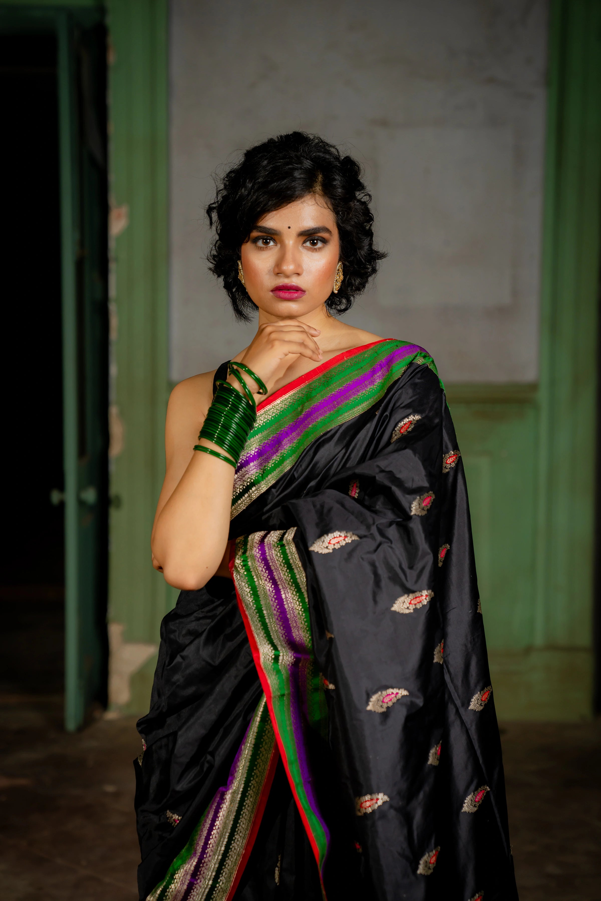 Designer Black Pure Silk Banarasi katan with Meenakari work