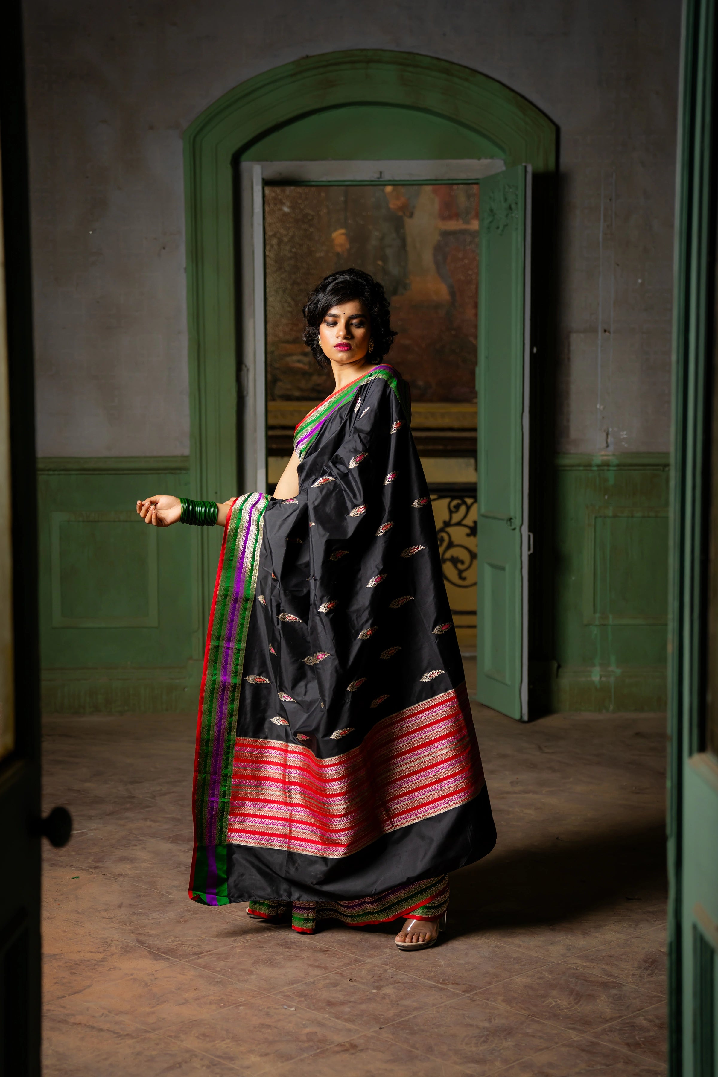 Designer Black Pure Silk Banarasi katan with Meenakari work