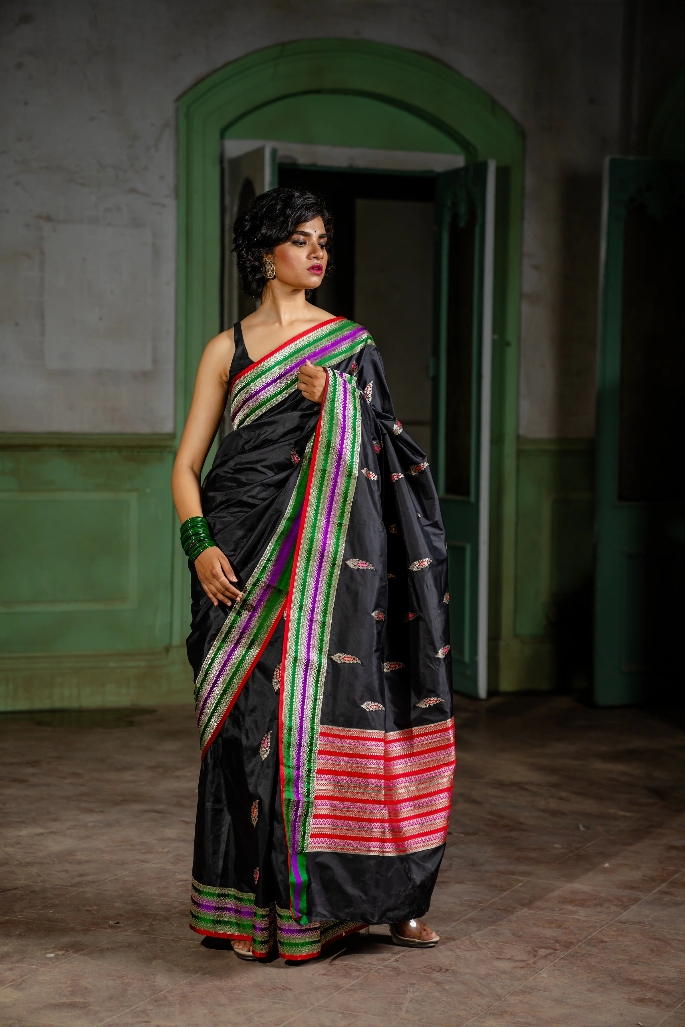 Designer Black Pure Silk Banarasi katan with Meenakari work