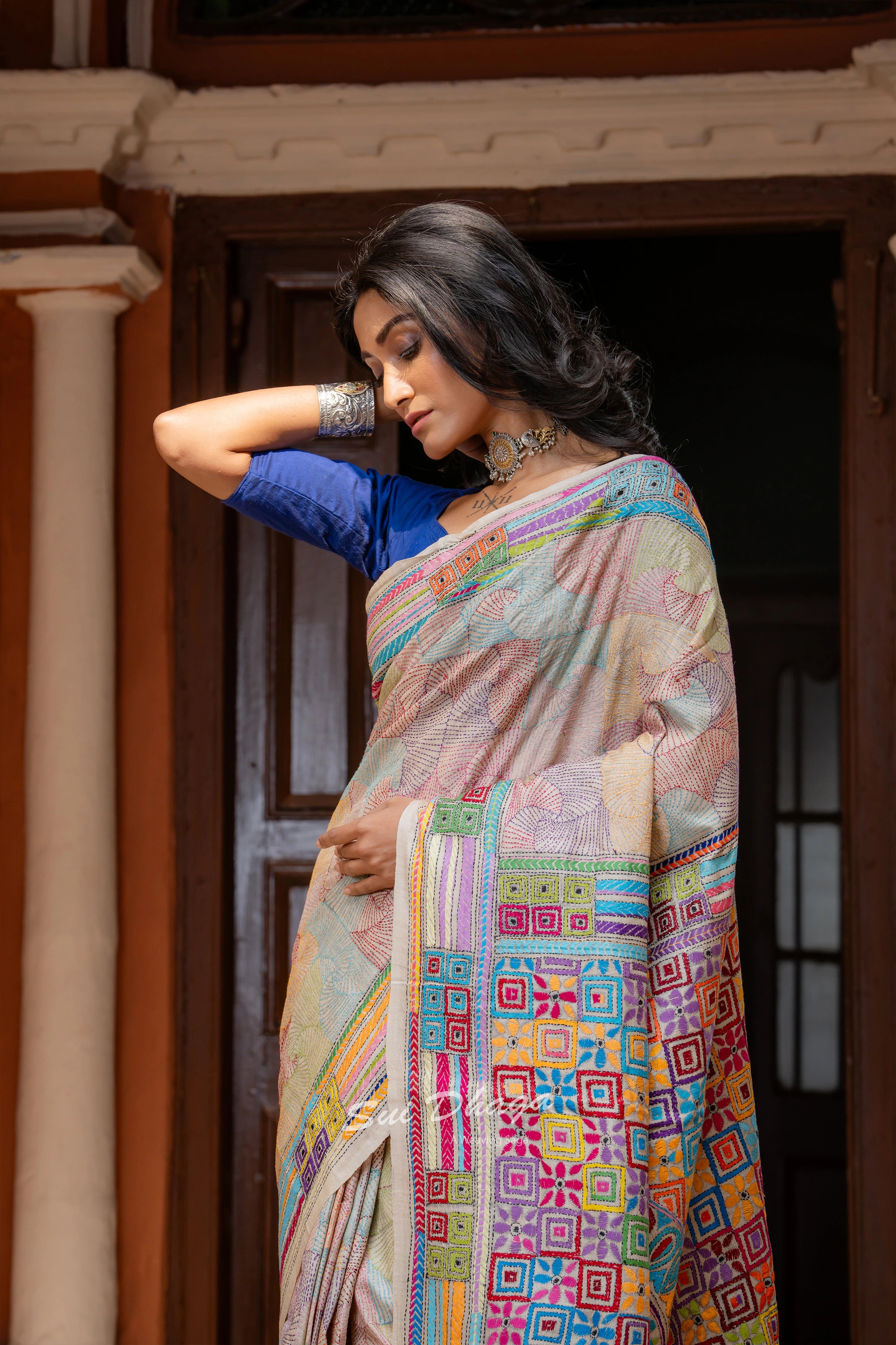 Handcrafted Kantha stitch on Pure Silk saree