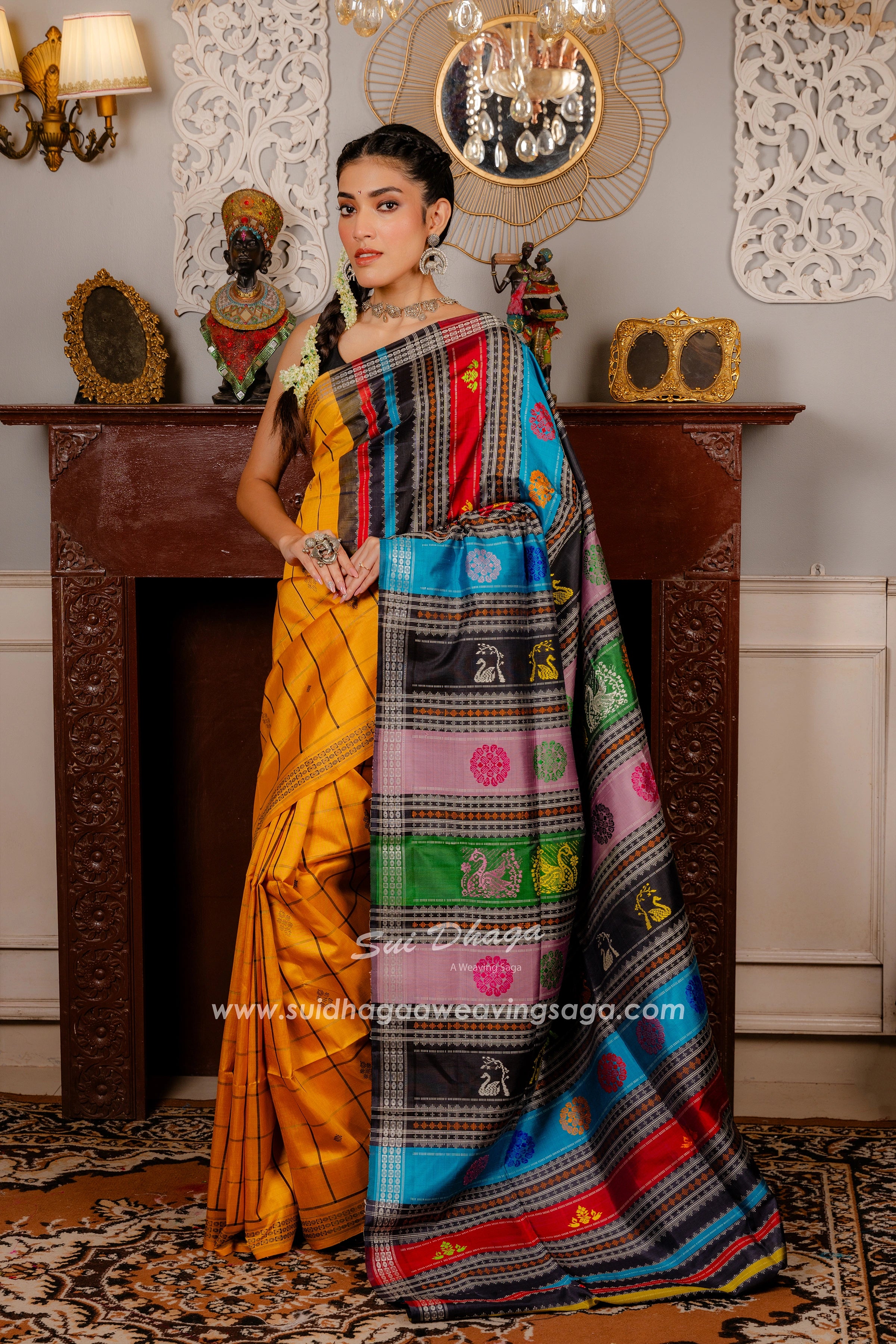 Mustard yellow Coloured Checkered Pure Silk DOUBLE Pallu Berhampuri saree