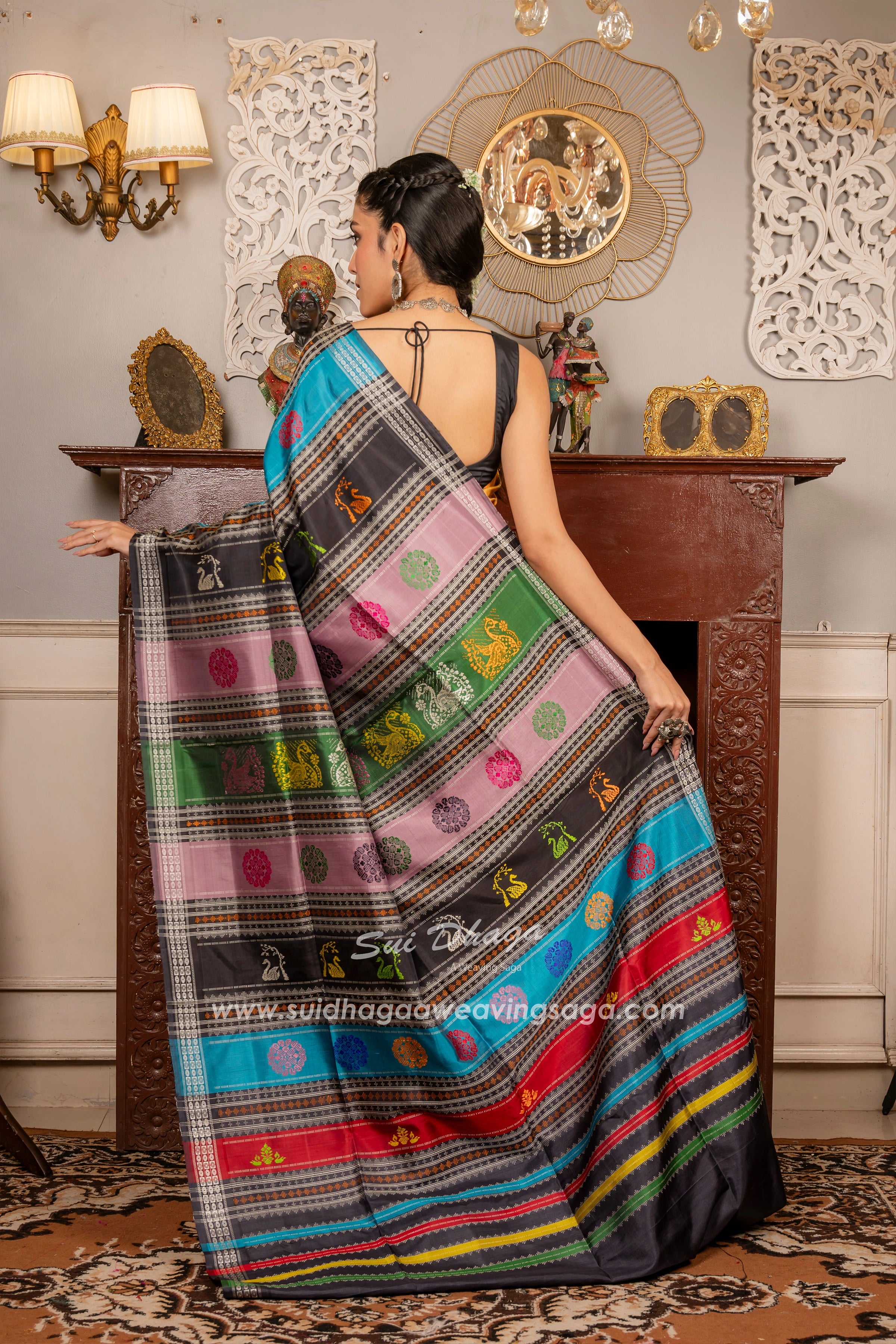 Mustard yellow Coloured Checkered Pure Silk DOUBLE Pallu Berhampuri saree