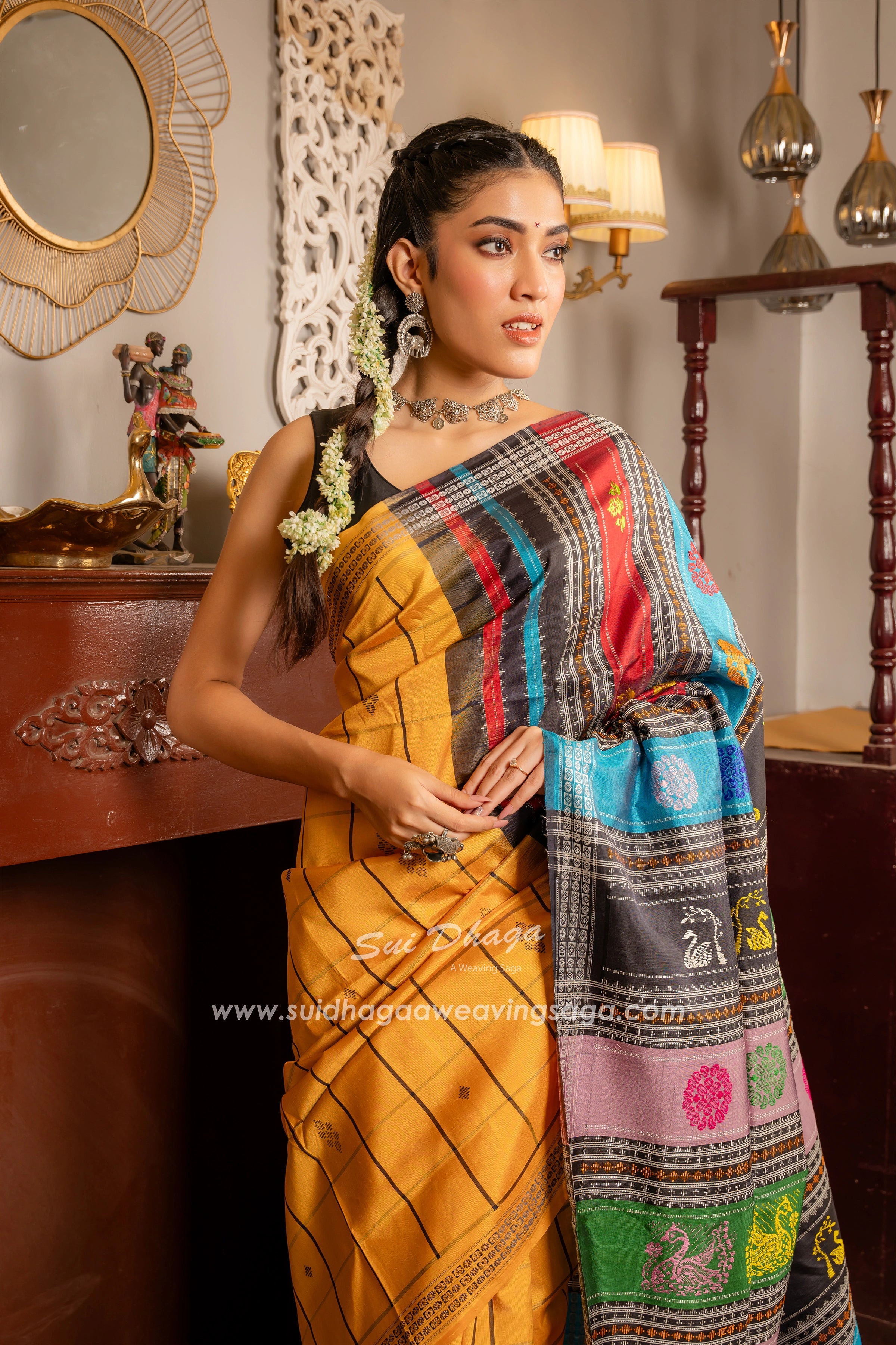 Mustard yellow Coloured Checkered Pure Silk DOUBLE Pallu Berhampuri saree