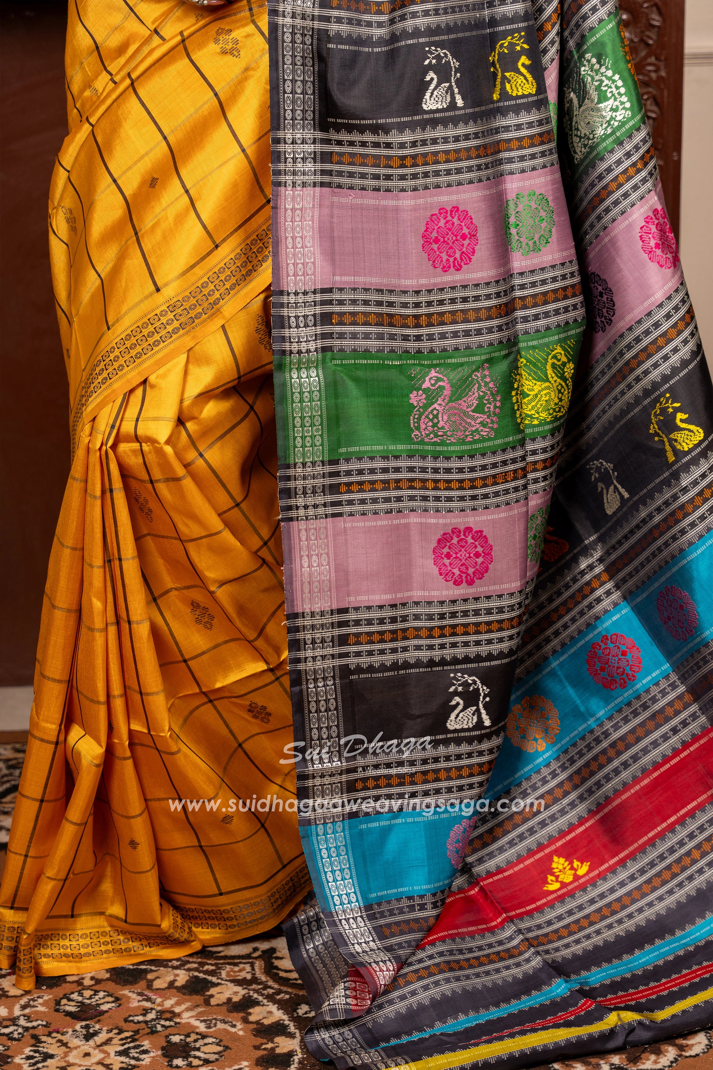 Mustard yellow Coloured Checkered Pure Silk DOUBLE Pallu Berhampuri saree