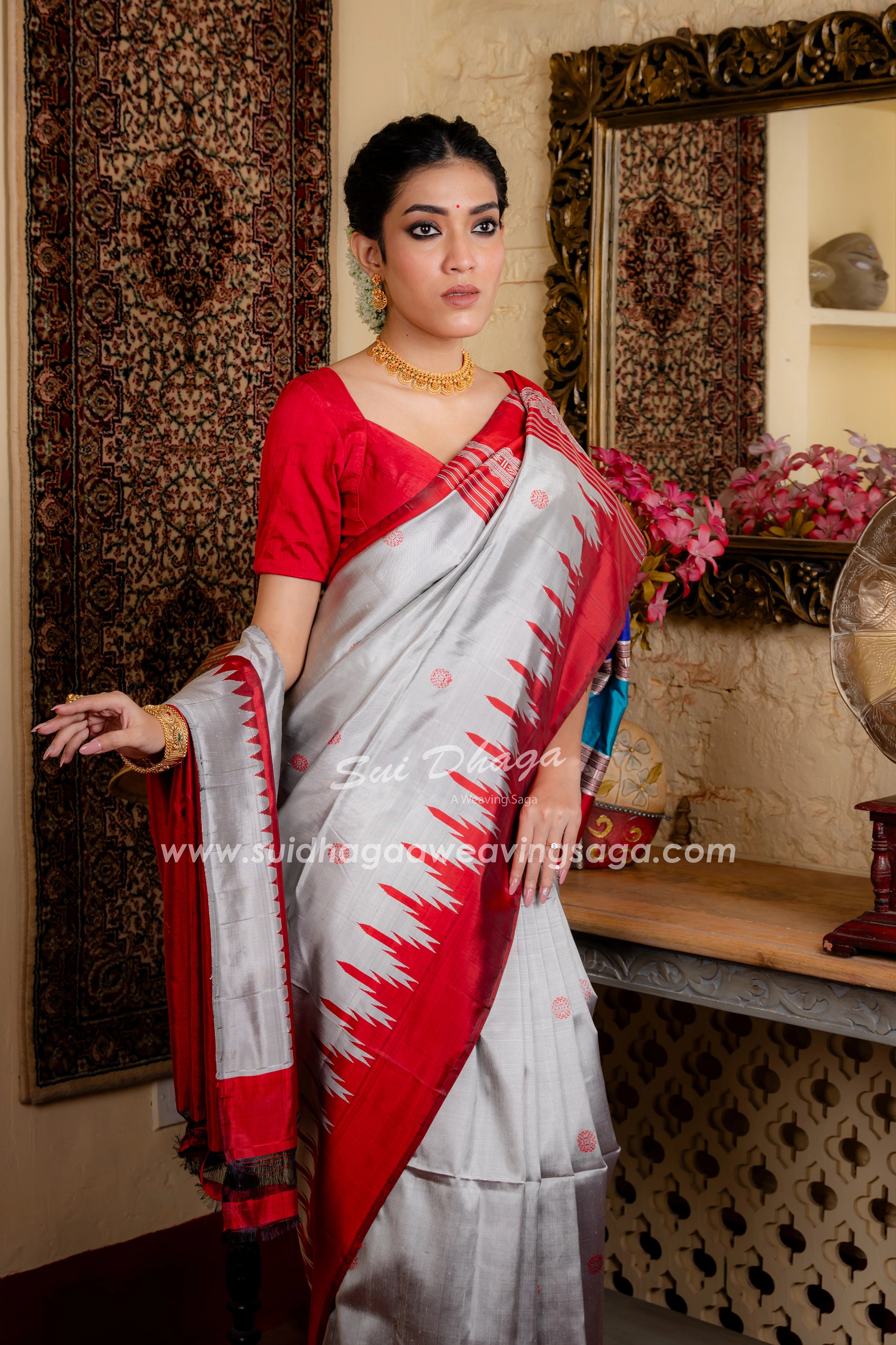 Grey Coloured Handwoven Double Pallu Berhampuri