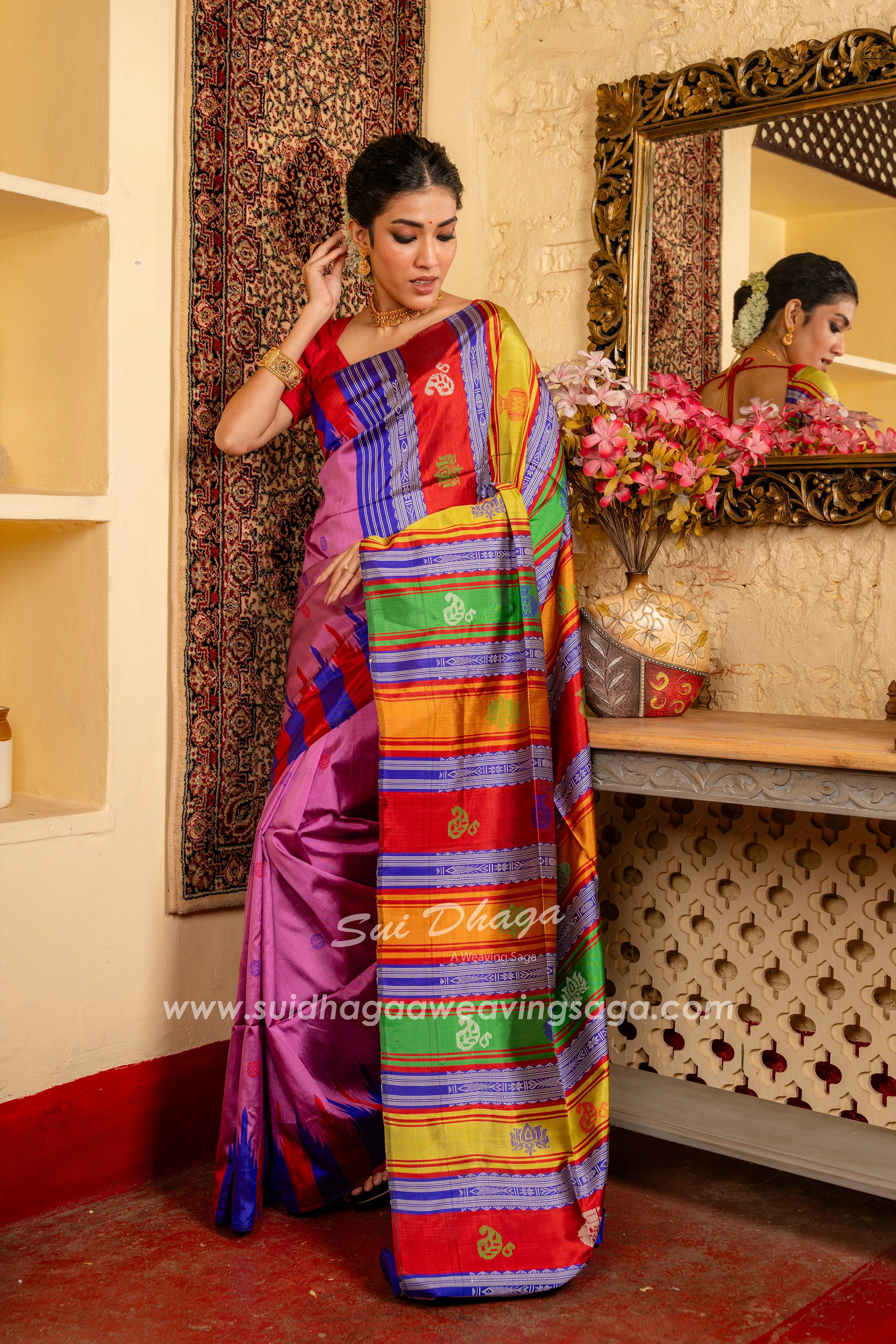 Pink Coloured Handwoven Double Pallu Berhampuri