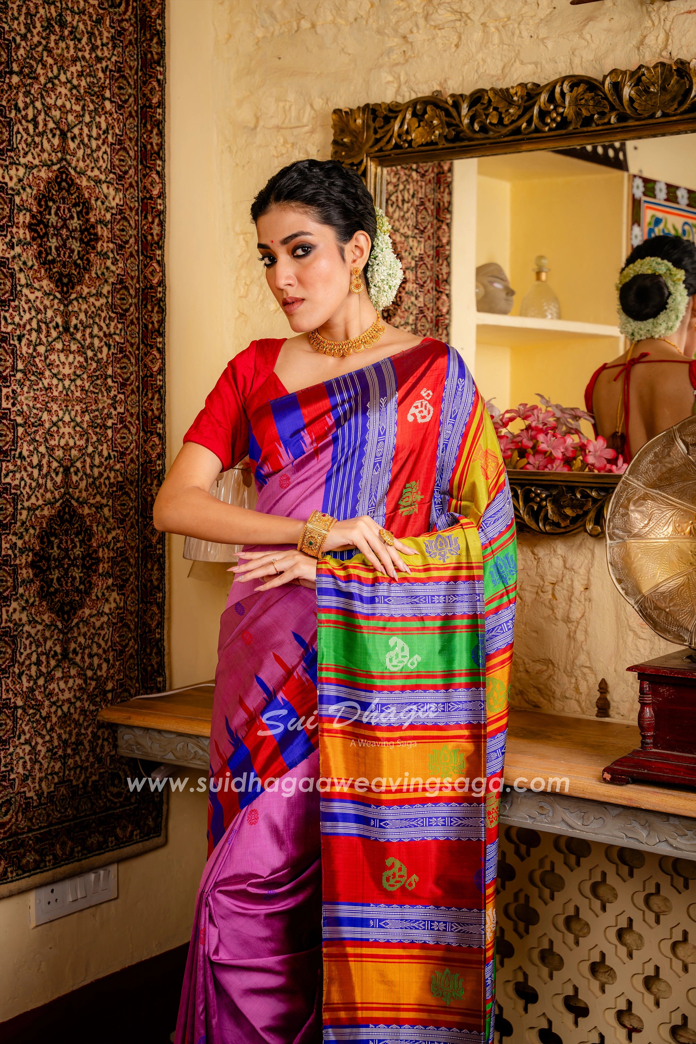 Pink Coloured Handwoven Double Pallu Berhampuri