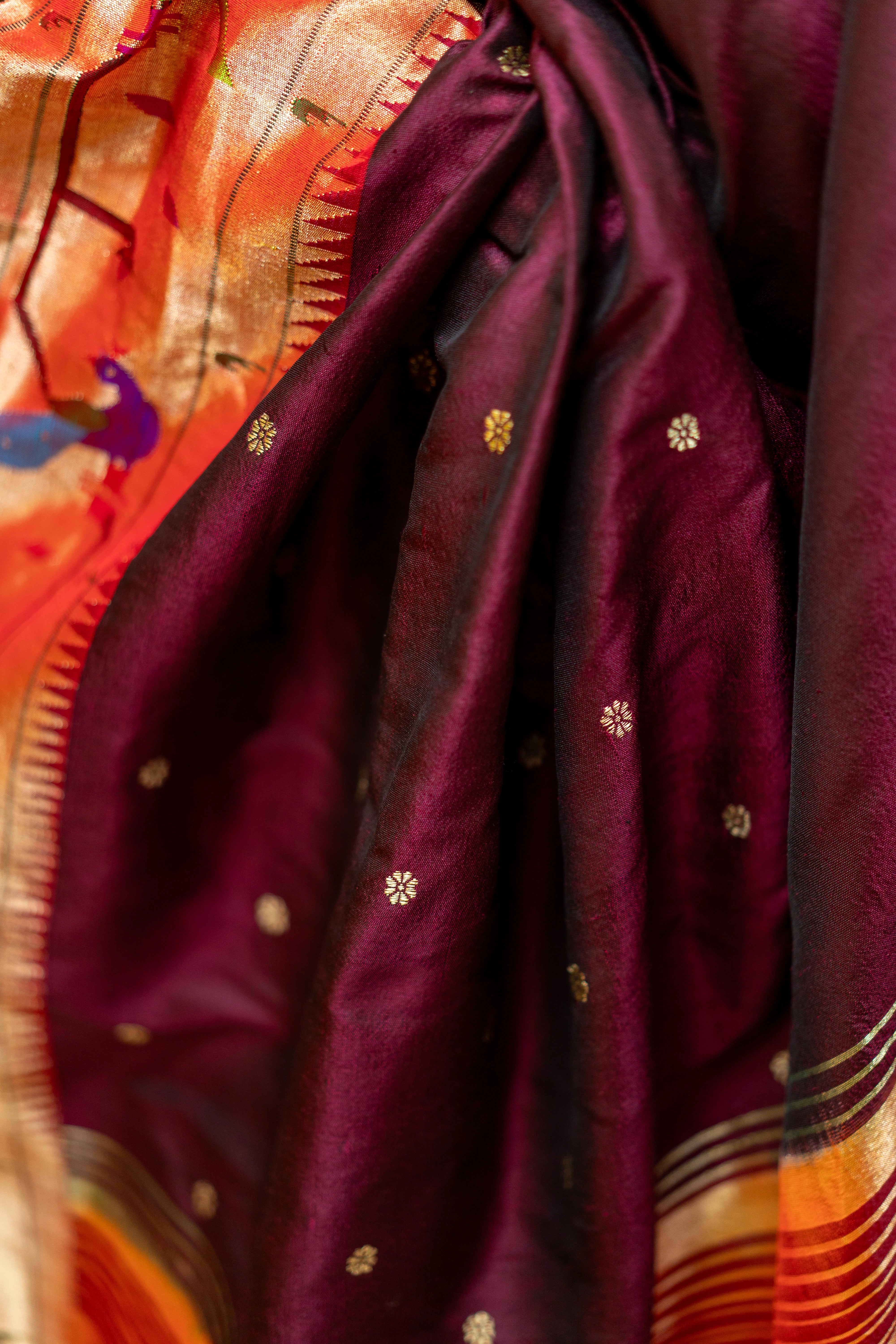 Wine Coloured Handwoven Peacock Parrot Muniya Border Pure Silk Paithani Saree with Traditional Pallu