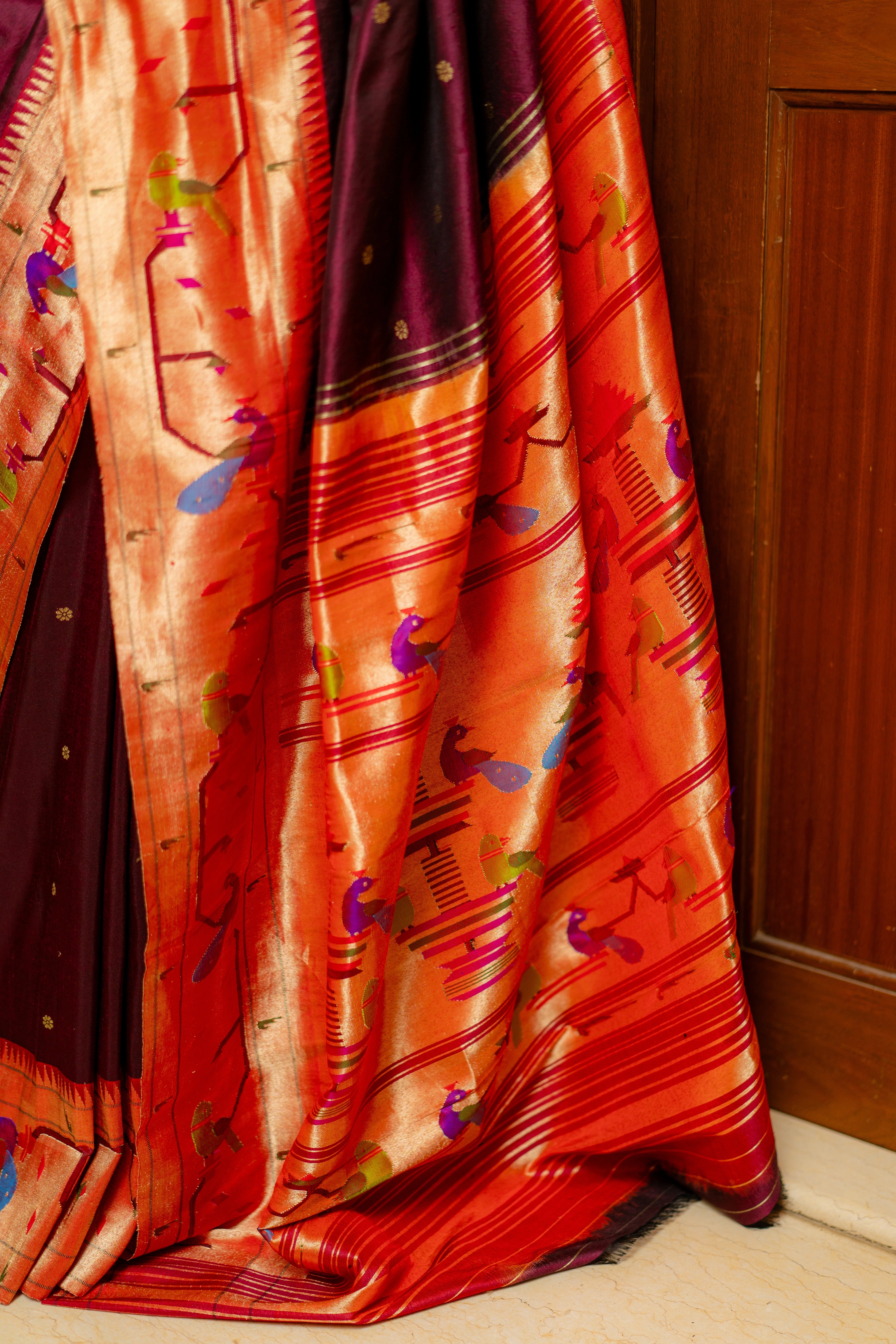 Wine Coloured Handwoven Peacock Parrot Muniya Border Pure Silk Paithani Saree with Traditional Pallu