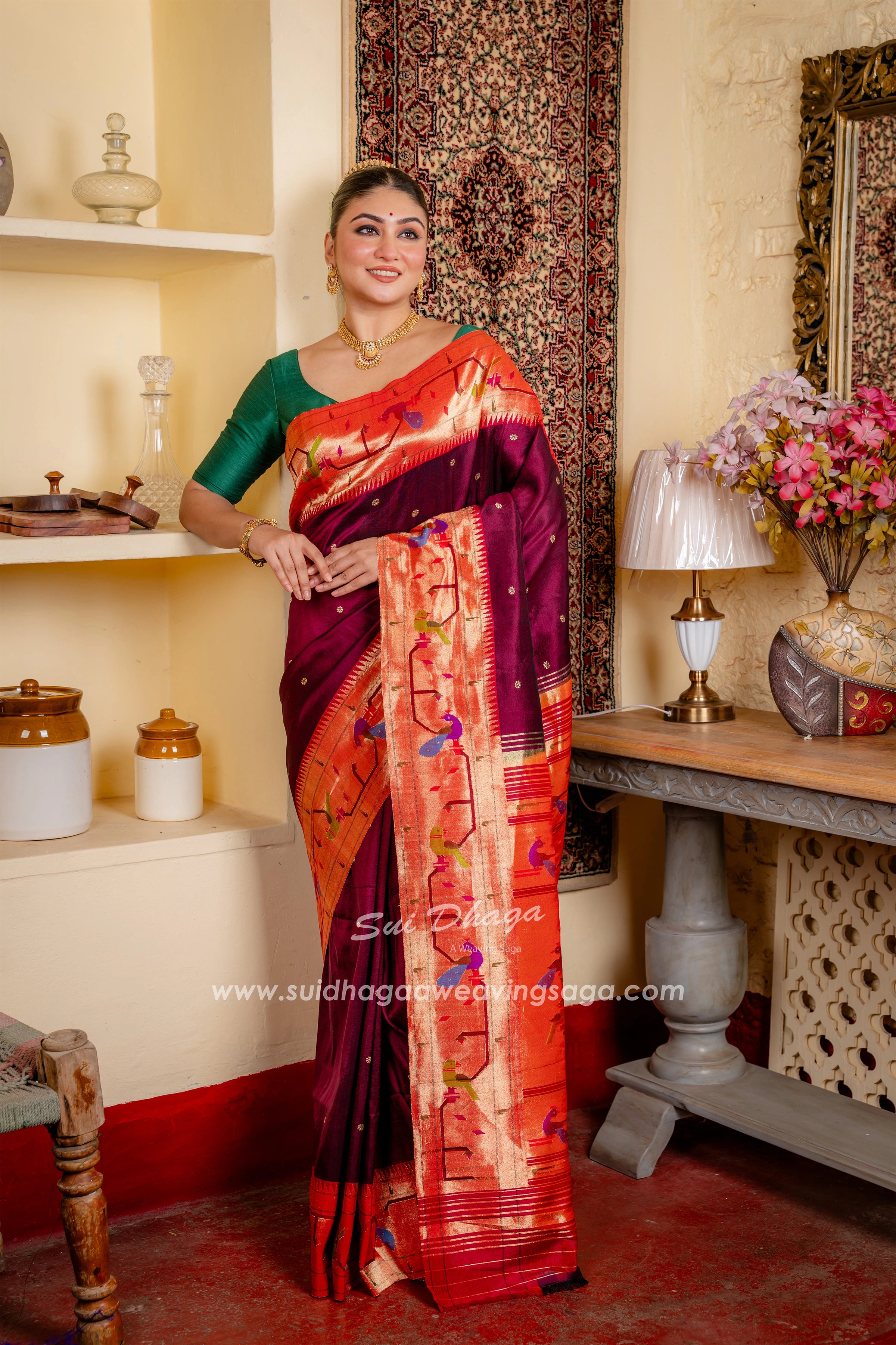 Wine Coloured Handwoven Peacock Parrot Muniya Border Pure Silk Paithani Saree with Traditional Pallu~
