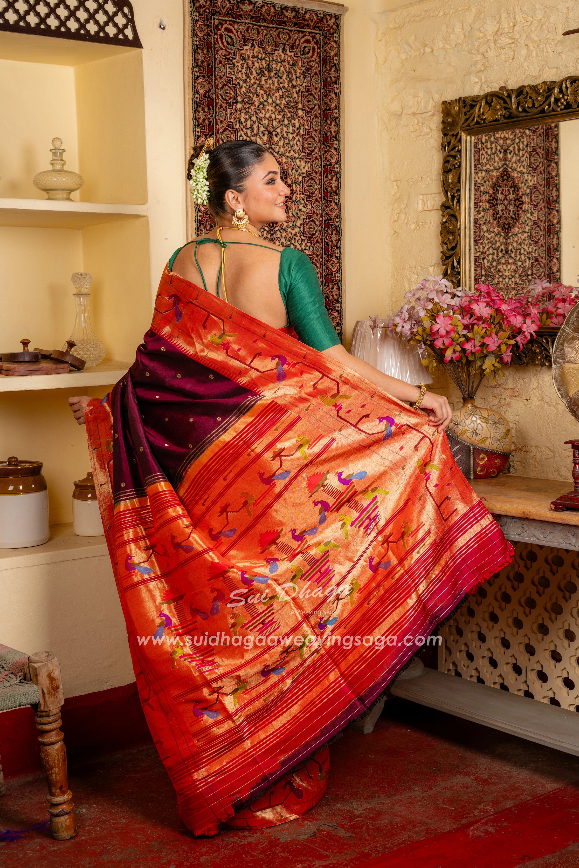 Wine Coloured Handwoven Peacock Parrot Muniya Border Pure Silk Paithani Saree with Traditional Pallu~