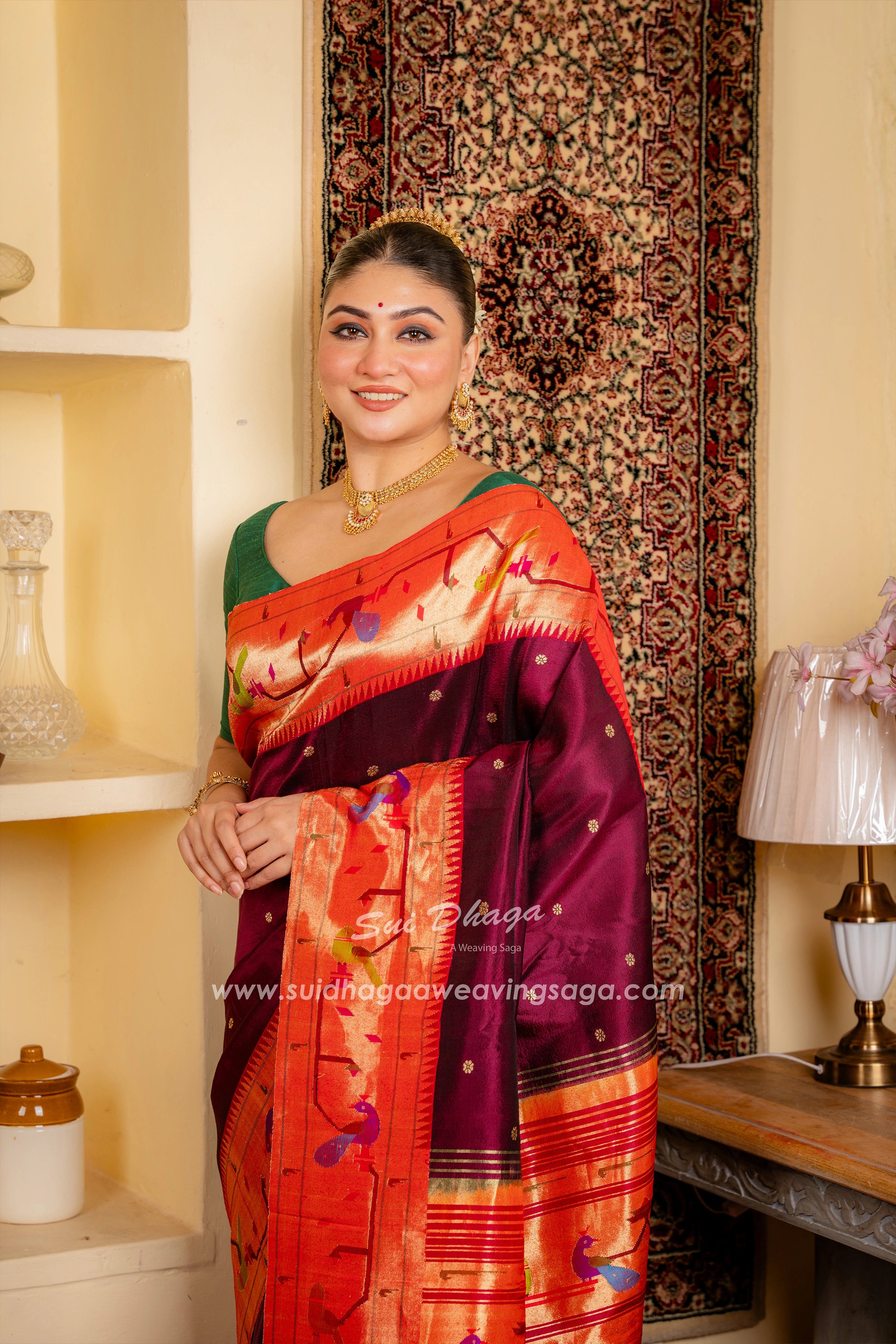 Wine Coloured Handwoven Peacock Parrot Muniya Border Pure Silk Paithani Saree with Traditional Pallu~