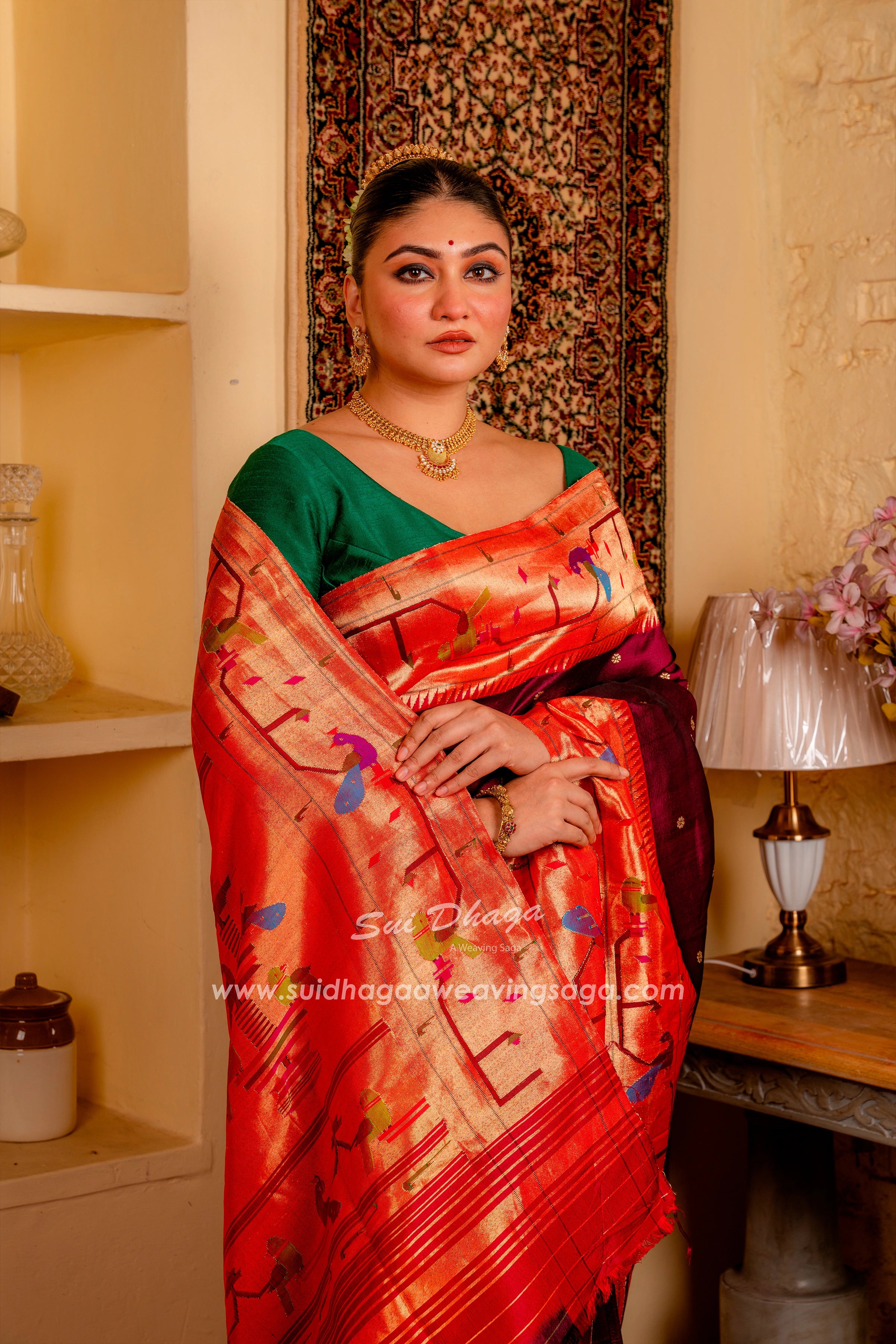 Wine Coloured Handwoven Peacock Parrot Muniya Border Pure Silk Paithani Saree with Traditional Pallu~