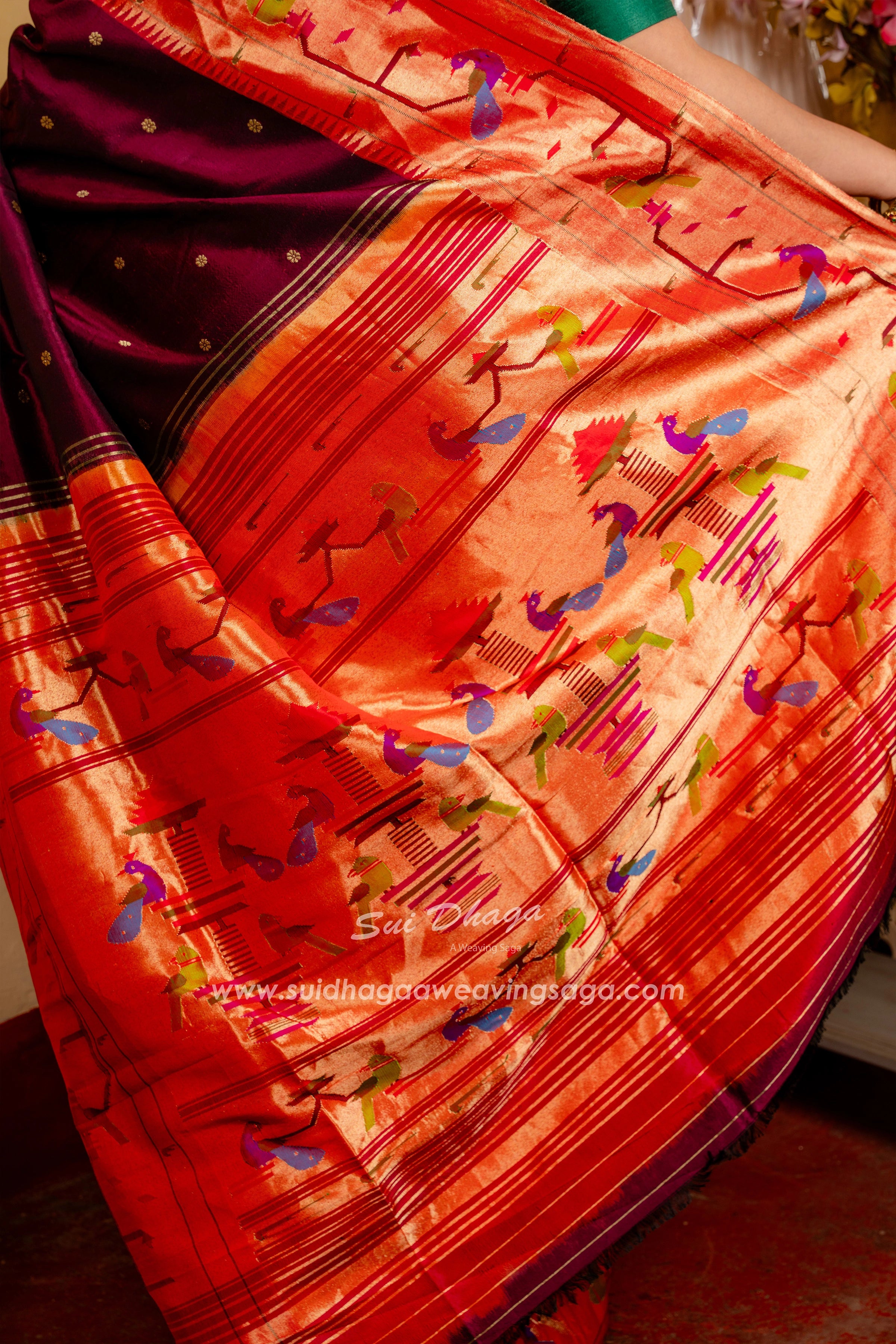Wine Coloured Handwoven Peacock Parrot Muniya Border Pure Silk Paithani Saree with Traditional Pallu~