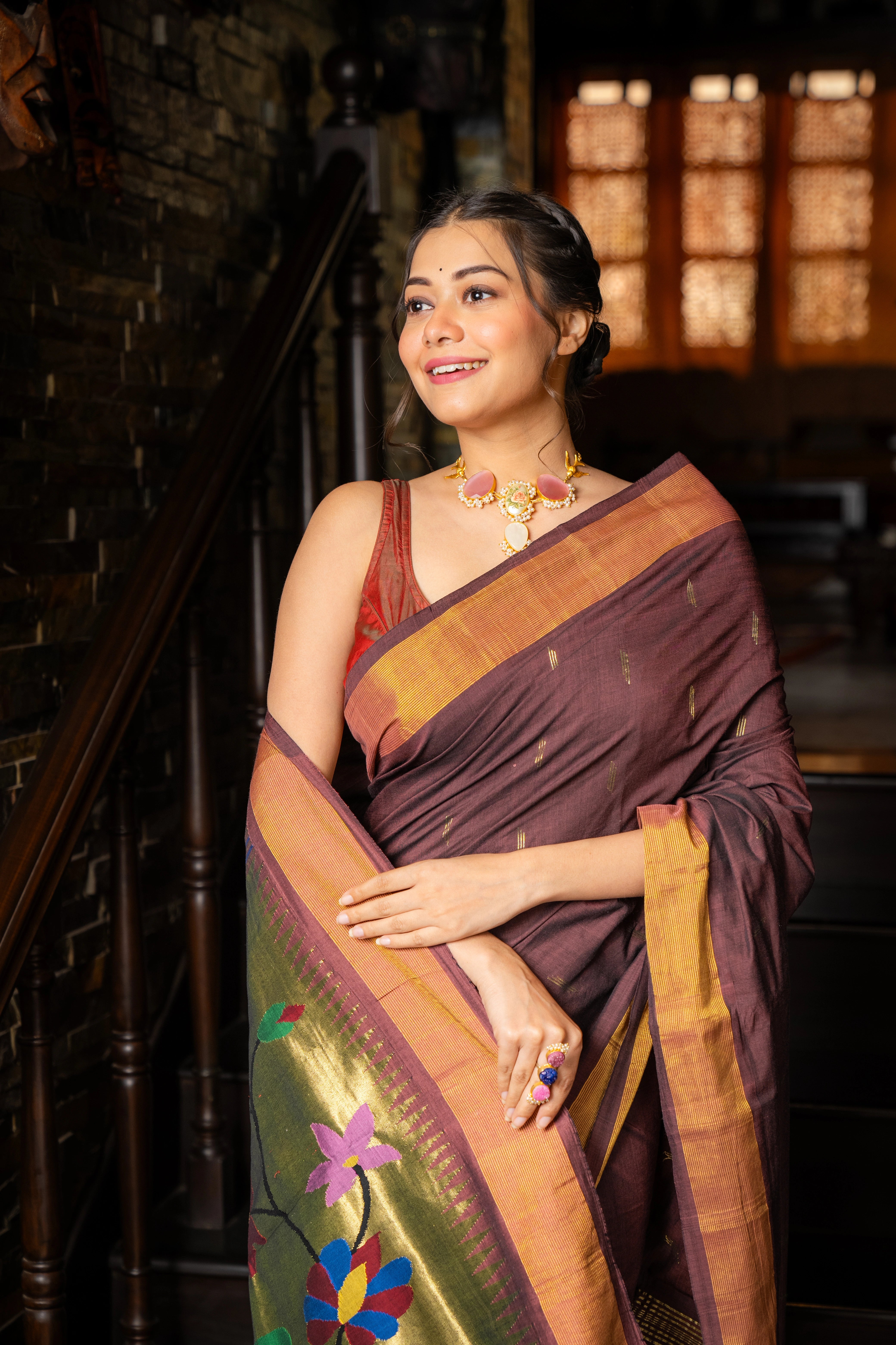 Handloom Pure Cotton Paithani Saree with Traditional Parrot Pallu ~ Brown colour