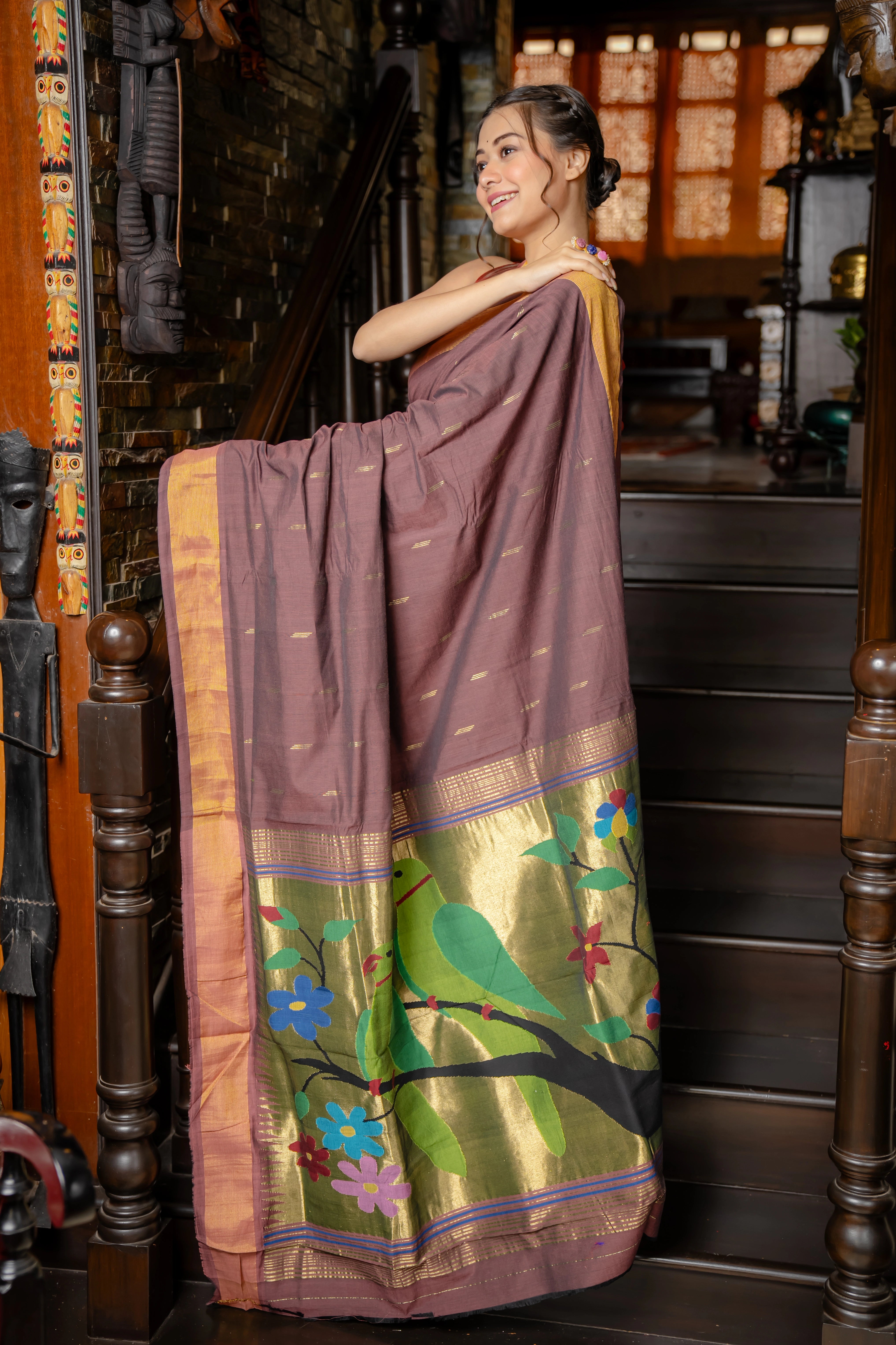 Handloom Pure Cotton Paithani Saree with Traditional Parrot Pallu ~ Brown colour