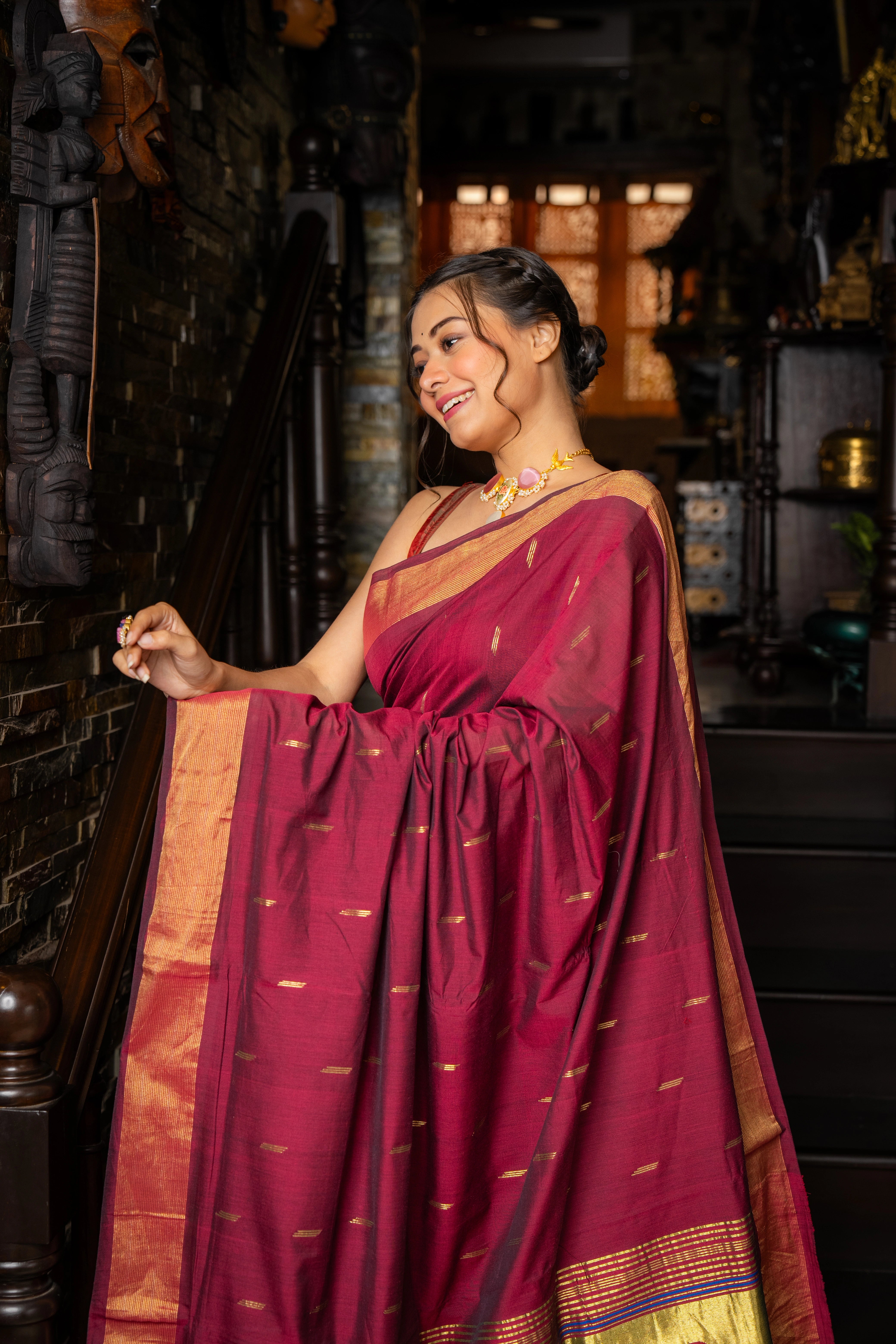 Handloom Pure Cotton Paithani Saree with Traditional Parrot Pallu ~ Maroon colour