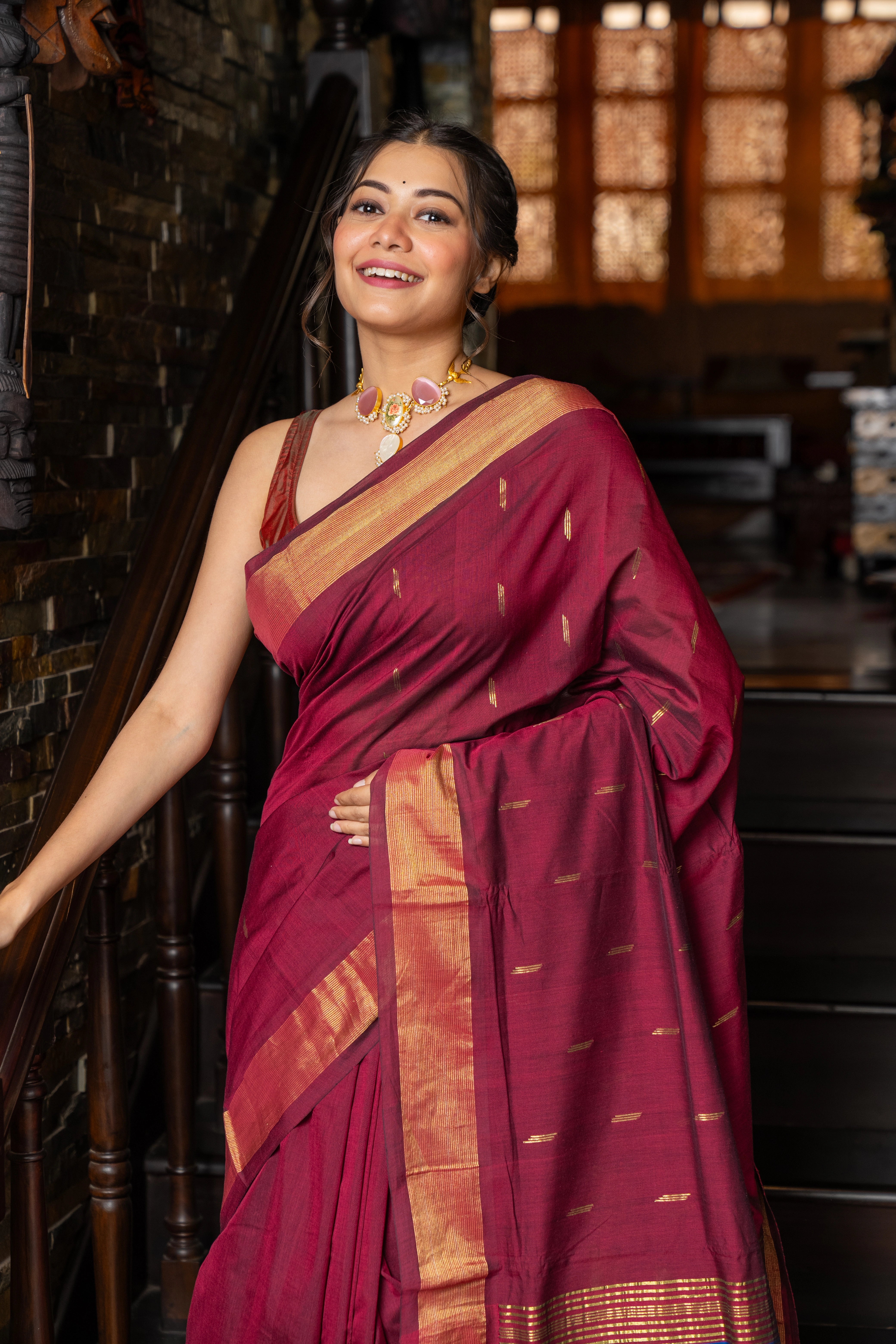 Handloom Pure Cotton Paithani Saree with Traditional Parrot Pallu ~ Maroon colour