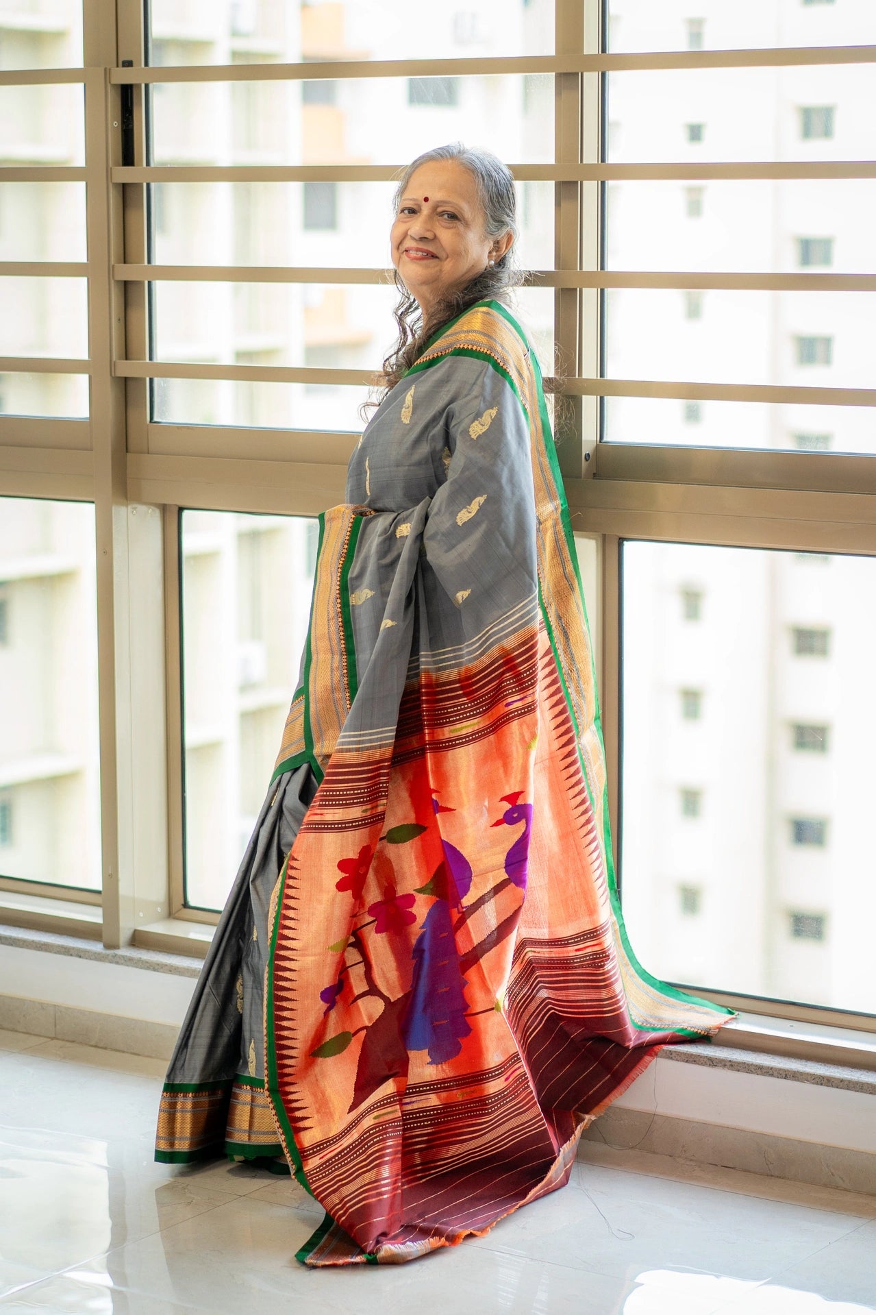 Grey Coloured Pure Silk handwoven Paithani with Designer Pallu