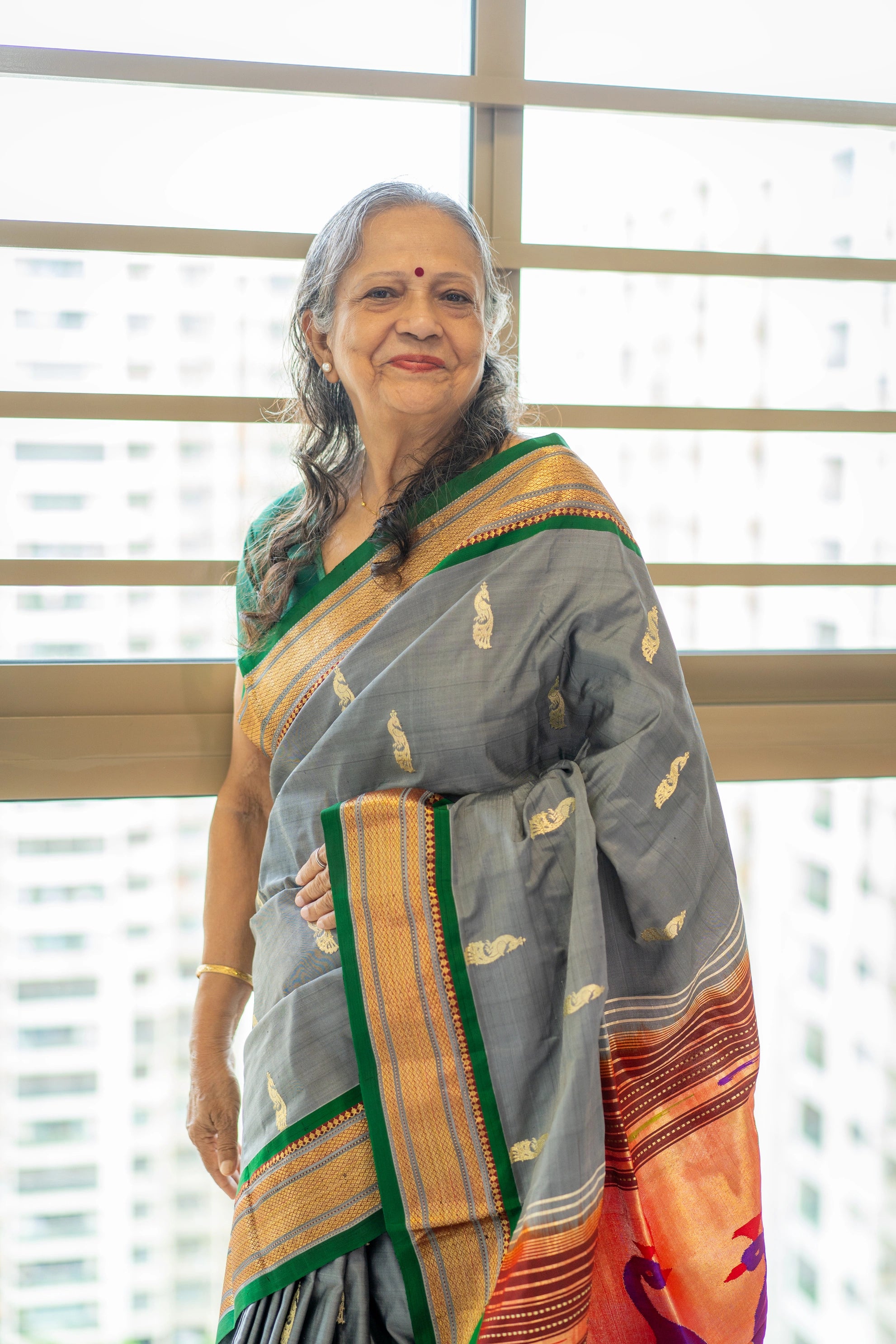 Grey Coloured Pure Silk handwoven Paithani with Designer Pallu