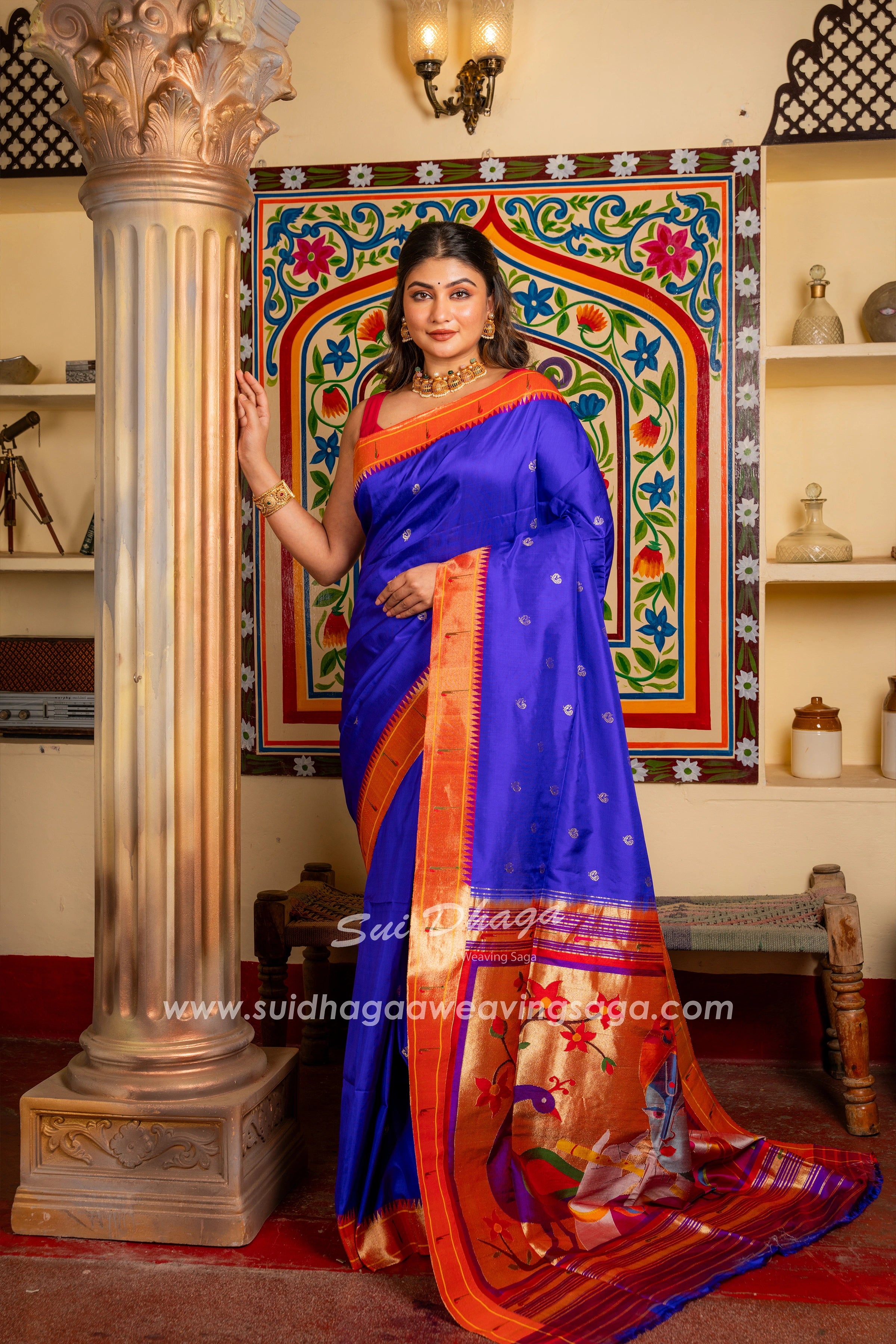 Handwoven Muniya Border Pure Silk Paithani with Meera Krishna Pallu