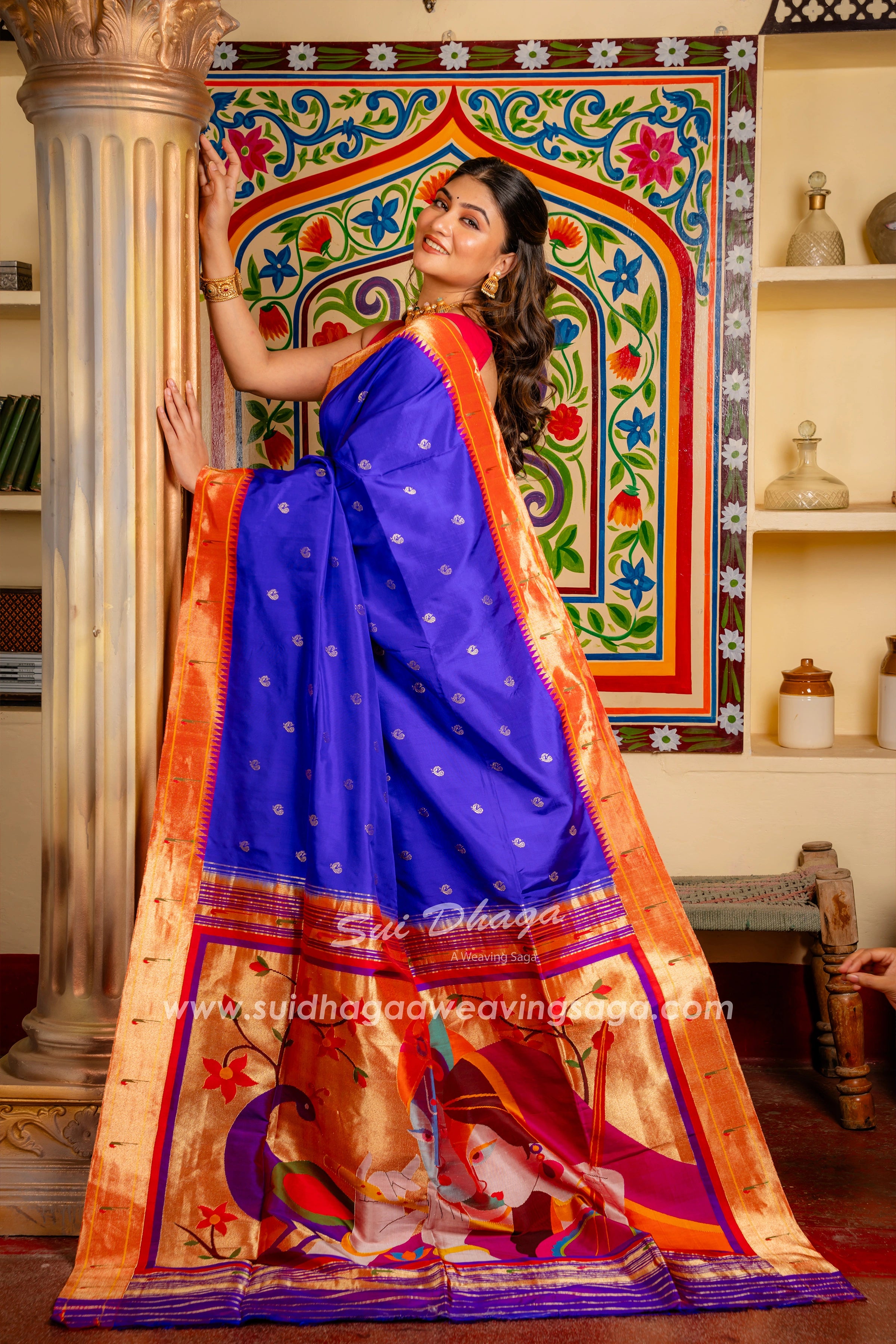 Handwoven Muniya Border Pure Silk Paithani with Meera Krishna Pallu