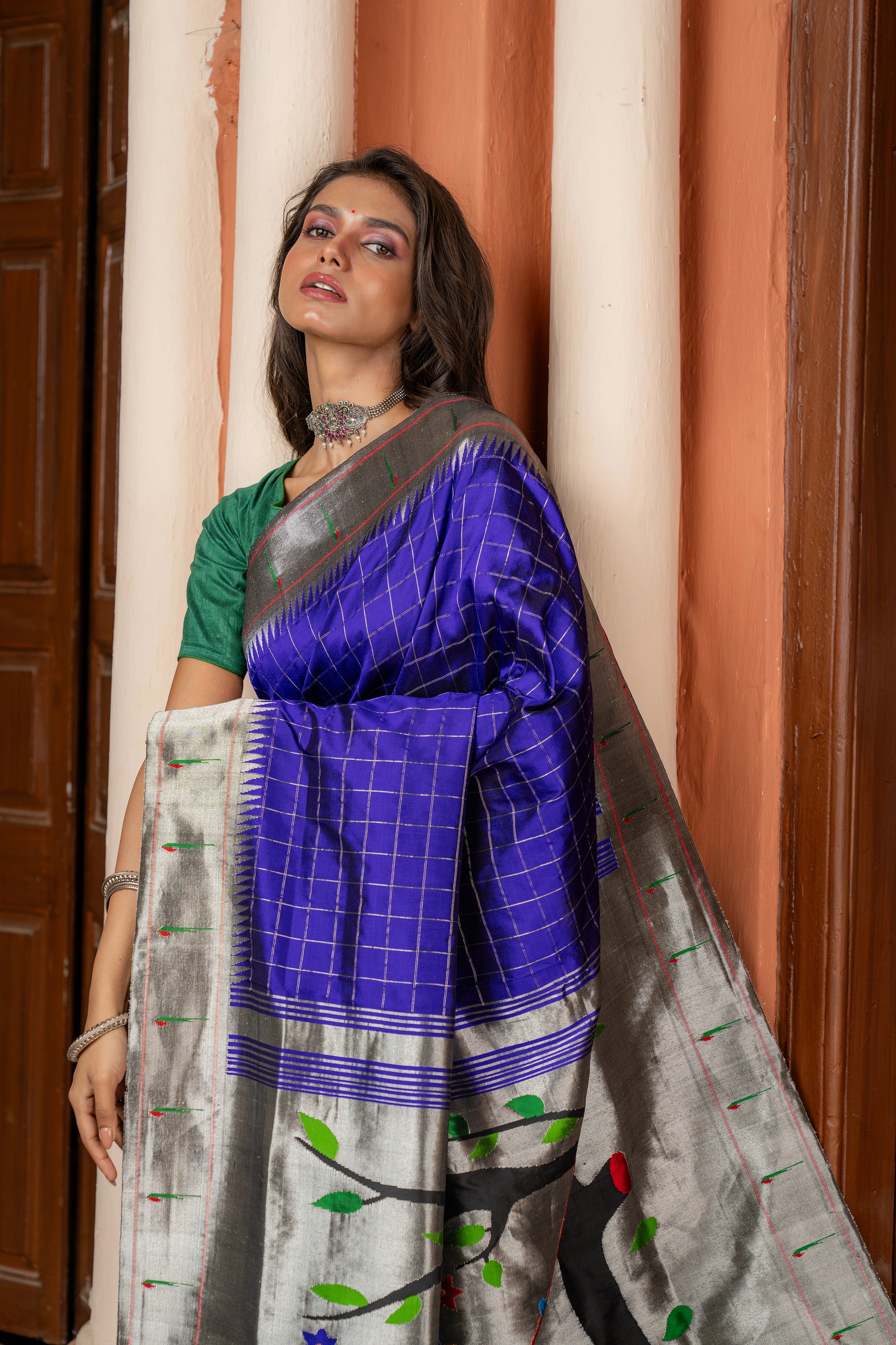 Handloom Pure Silk Silver Zari Muniya Border with Exclusive Radha Krishna Pallu in Royal Blue