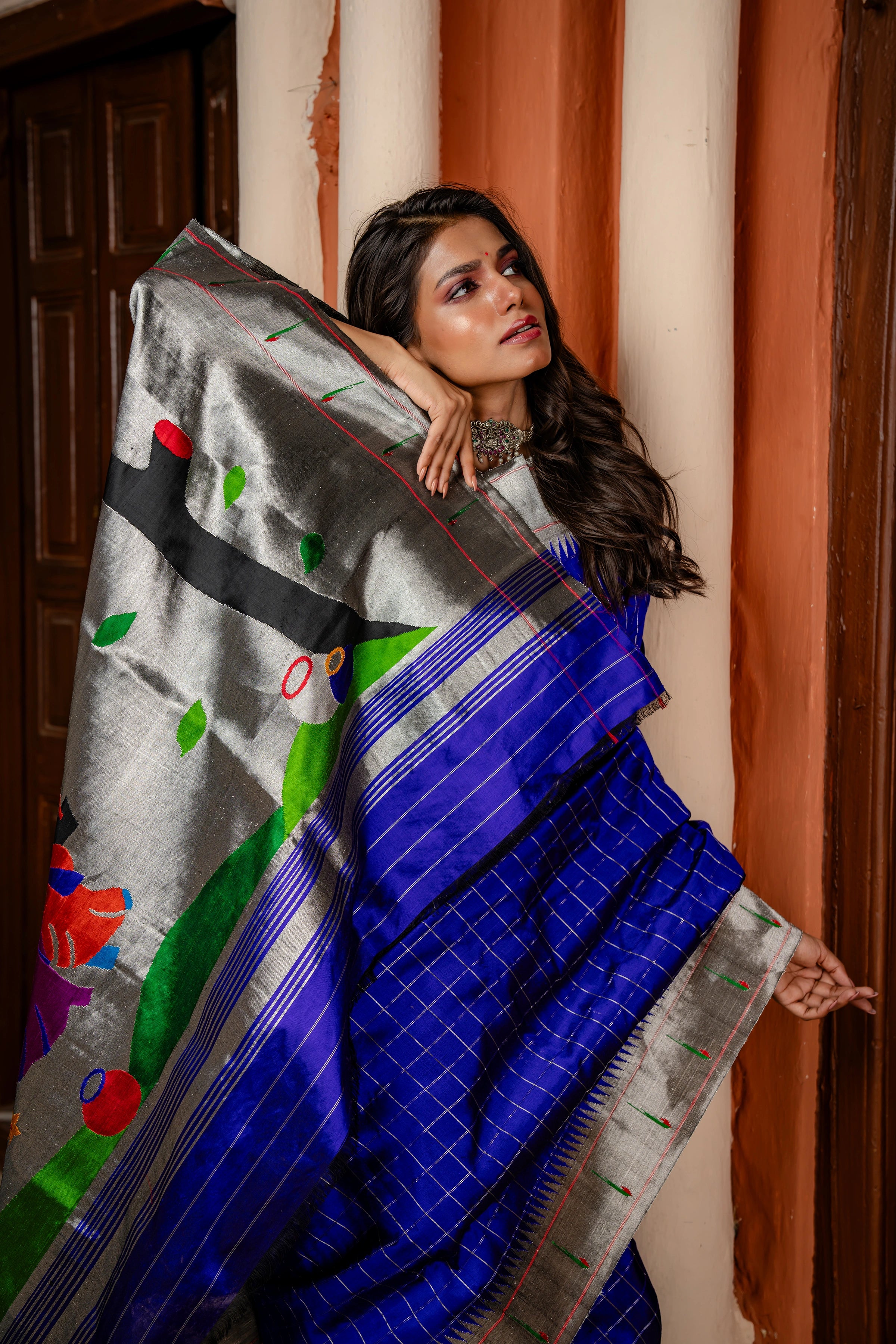 Handloom Pure Silk Silver Zari Muniya Border with Exclusive Radha Krishna Pallu in Royal Blue