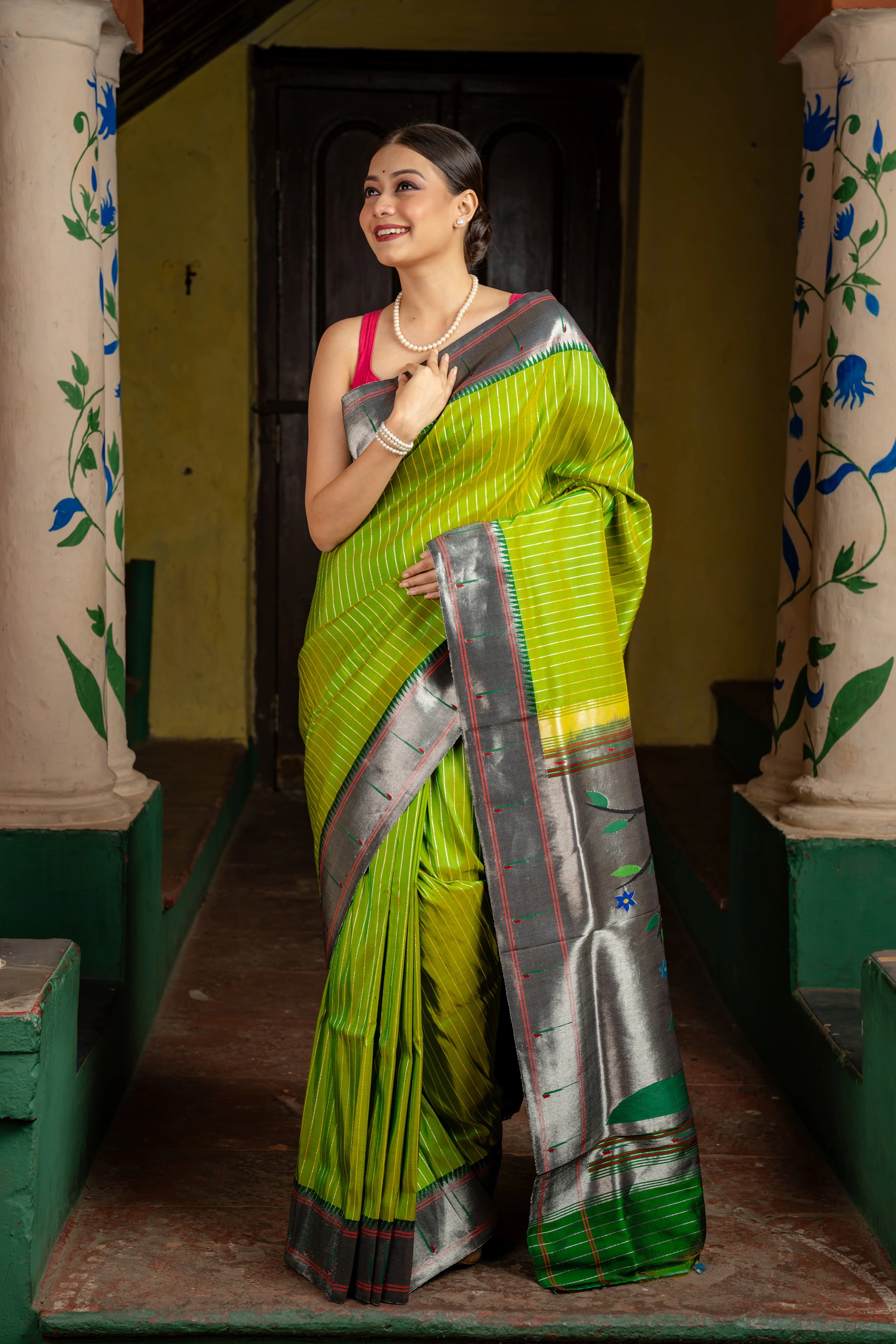 Handloom Pure Silk Silver Zari Muniya Border with Exclusive Radha Krishna Pallu in Green