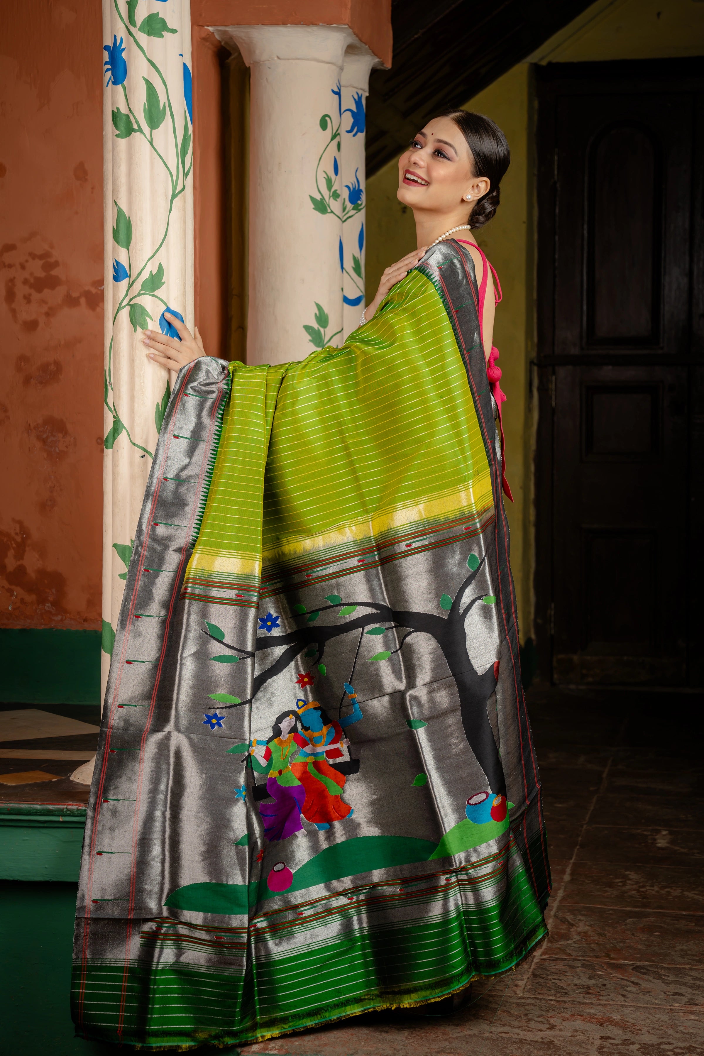 Handloom Pure Silk Silver Zari Muniya Border with Exclusive Radha Krishna Pallu in Green