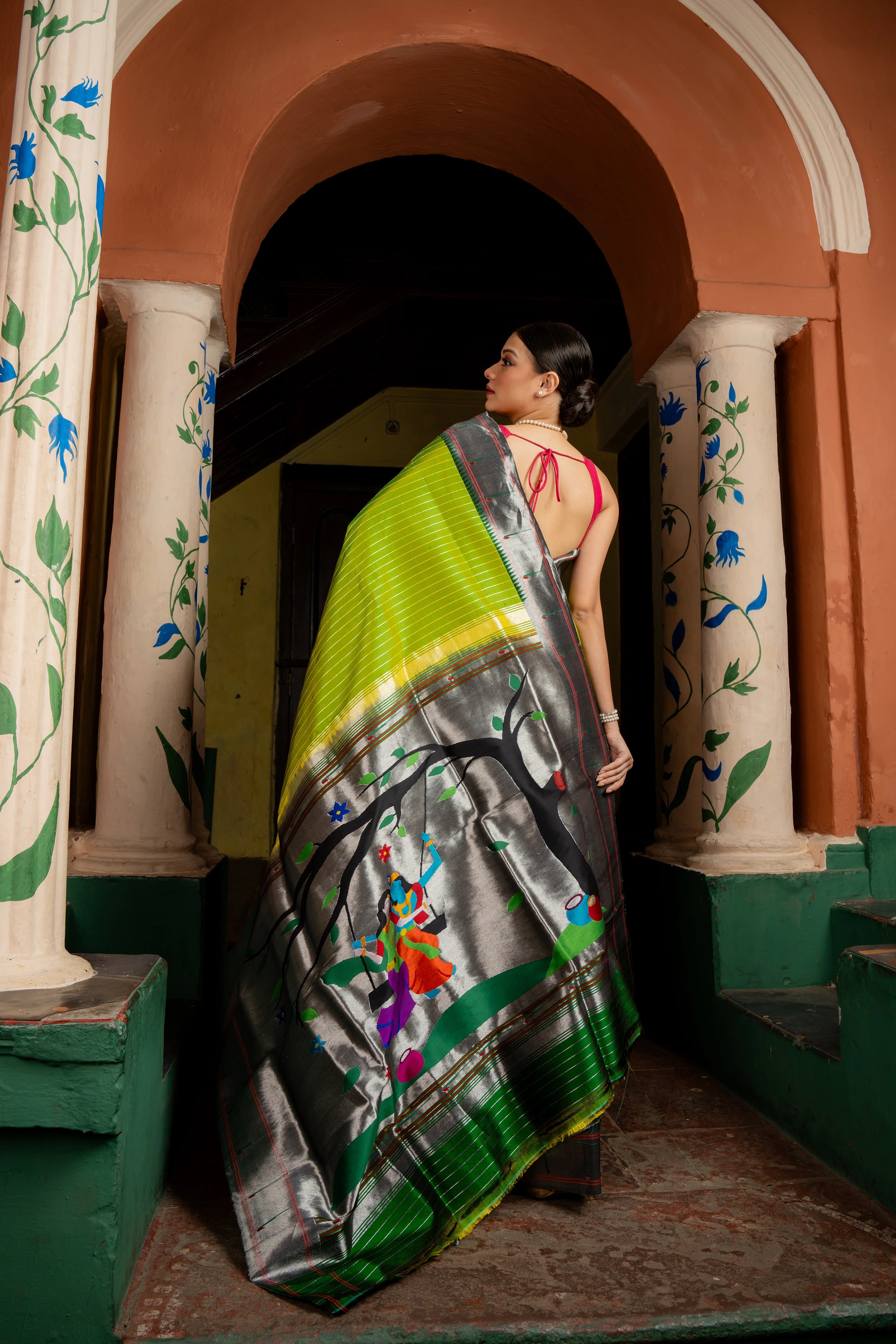 Handloom Pure Silk Silver Zari Muniya Border with Exclusive Radha Krishna Pallu in Green