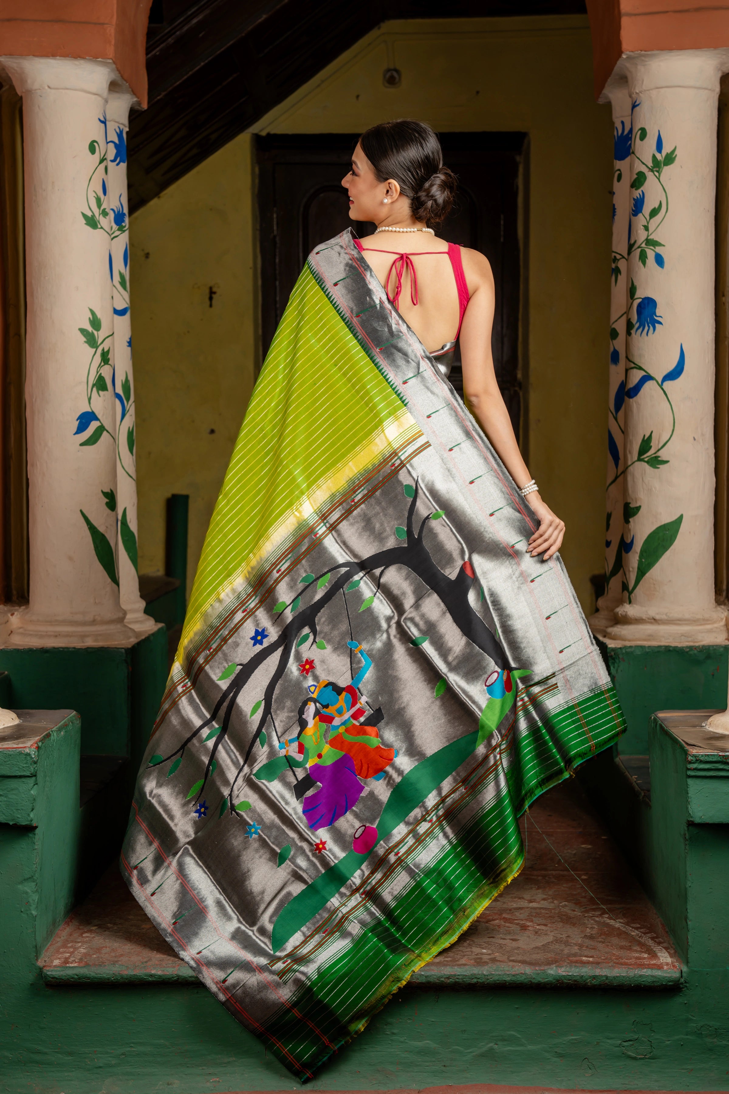 Handloom Pure Silk Silver Zari Muniya Border with Exclusive Radha Krishna Pallu in Green