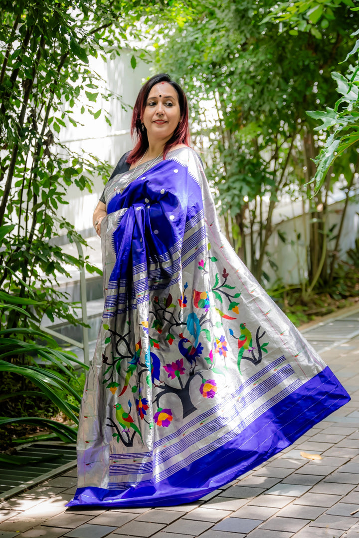 Handloom Pure Silk Silver Zari Muniya Border with Exclusive Parrot Pallu in Royal Blue