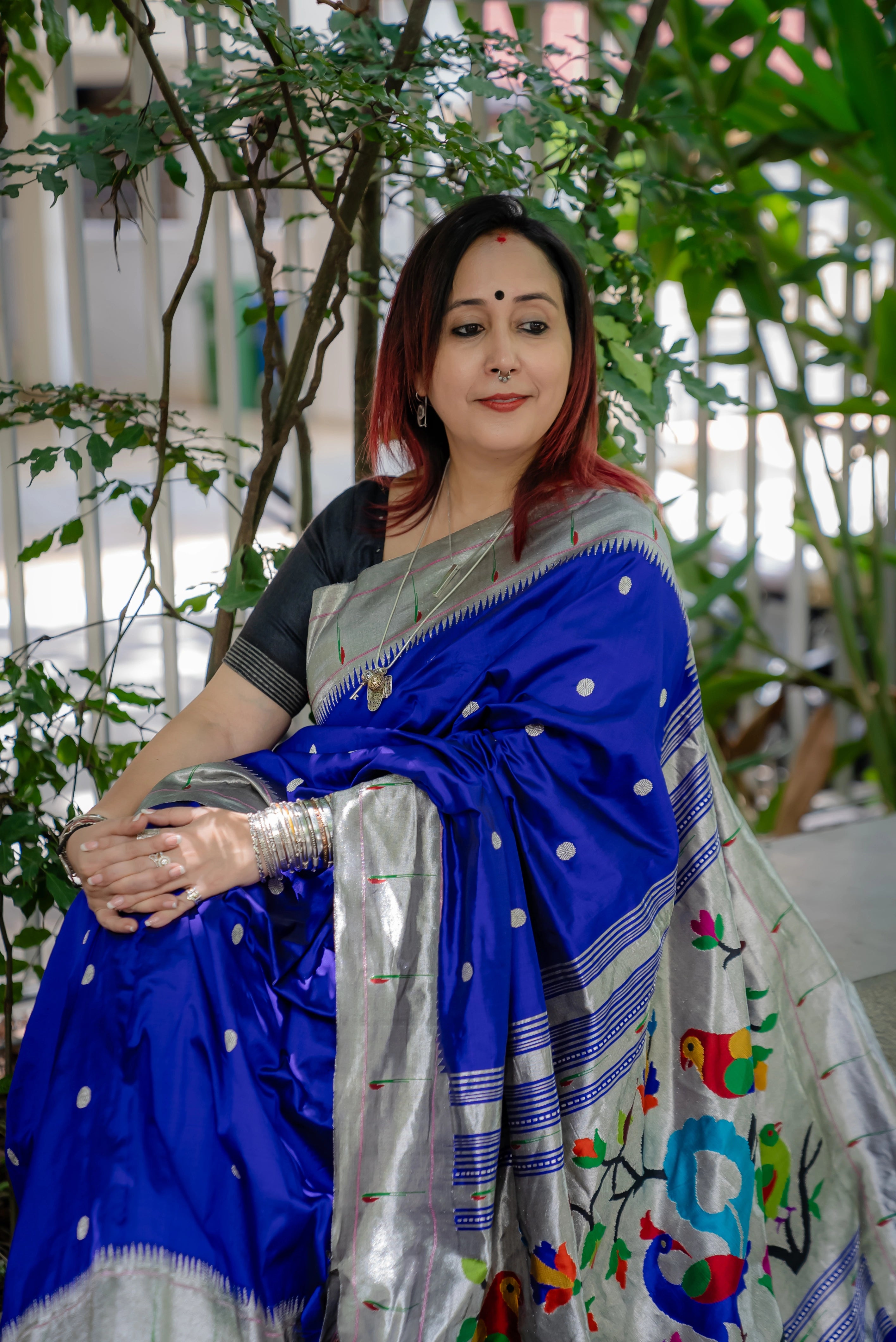 Handloom Pure Silk Silver Zari Muniya Border with Exclusive Parrot Pallu in Royal Blue