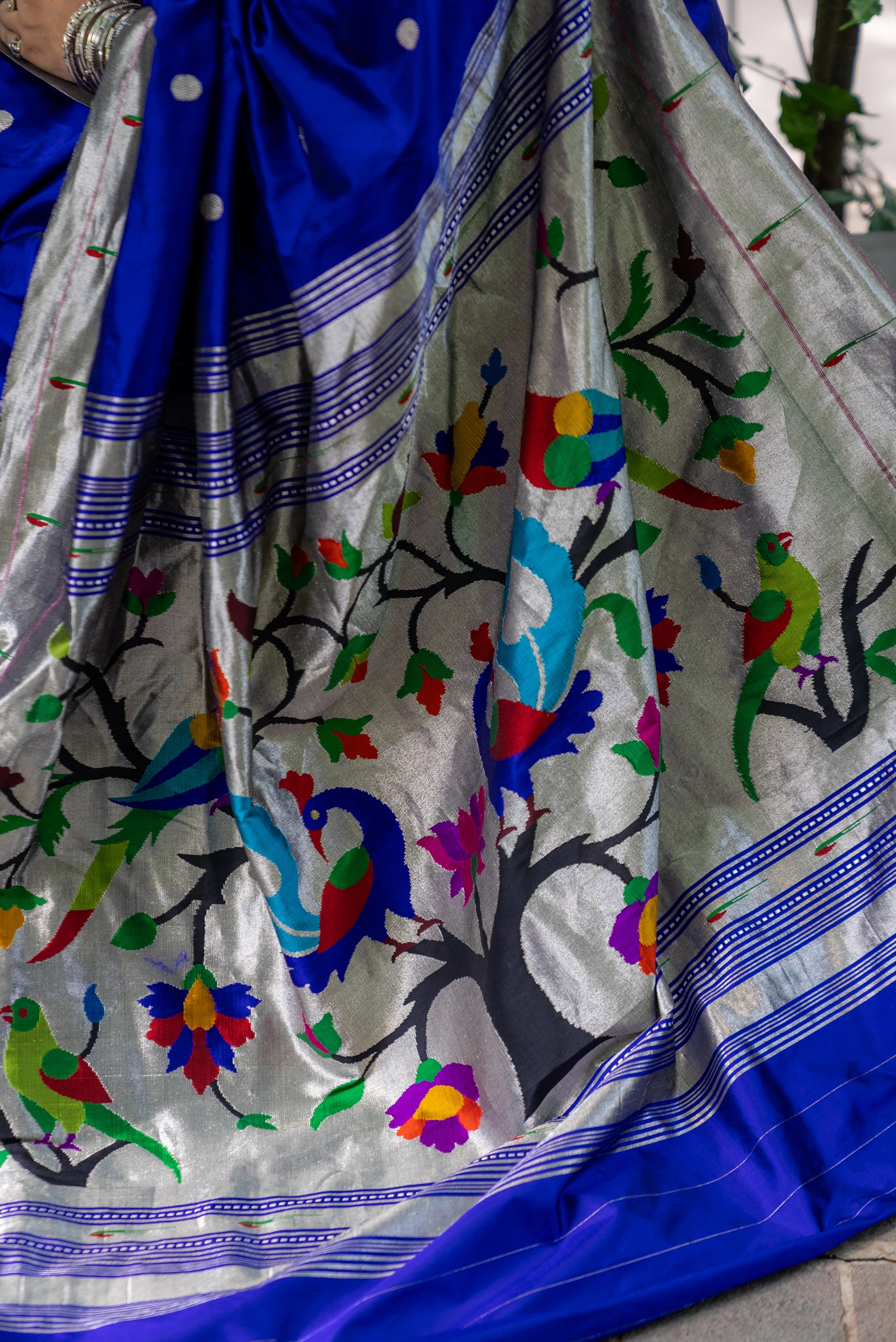 Handloom Pure Silk Silver Zari Muniya Border with Exclusive Parrot Pallu in Royal Blue