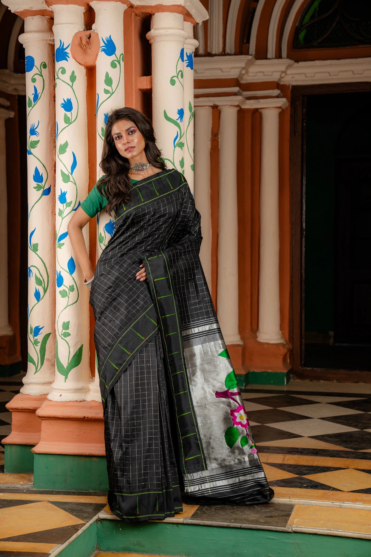 Stunning black Handwoven Pure Silk Muinya paithani in Silver zari