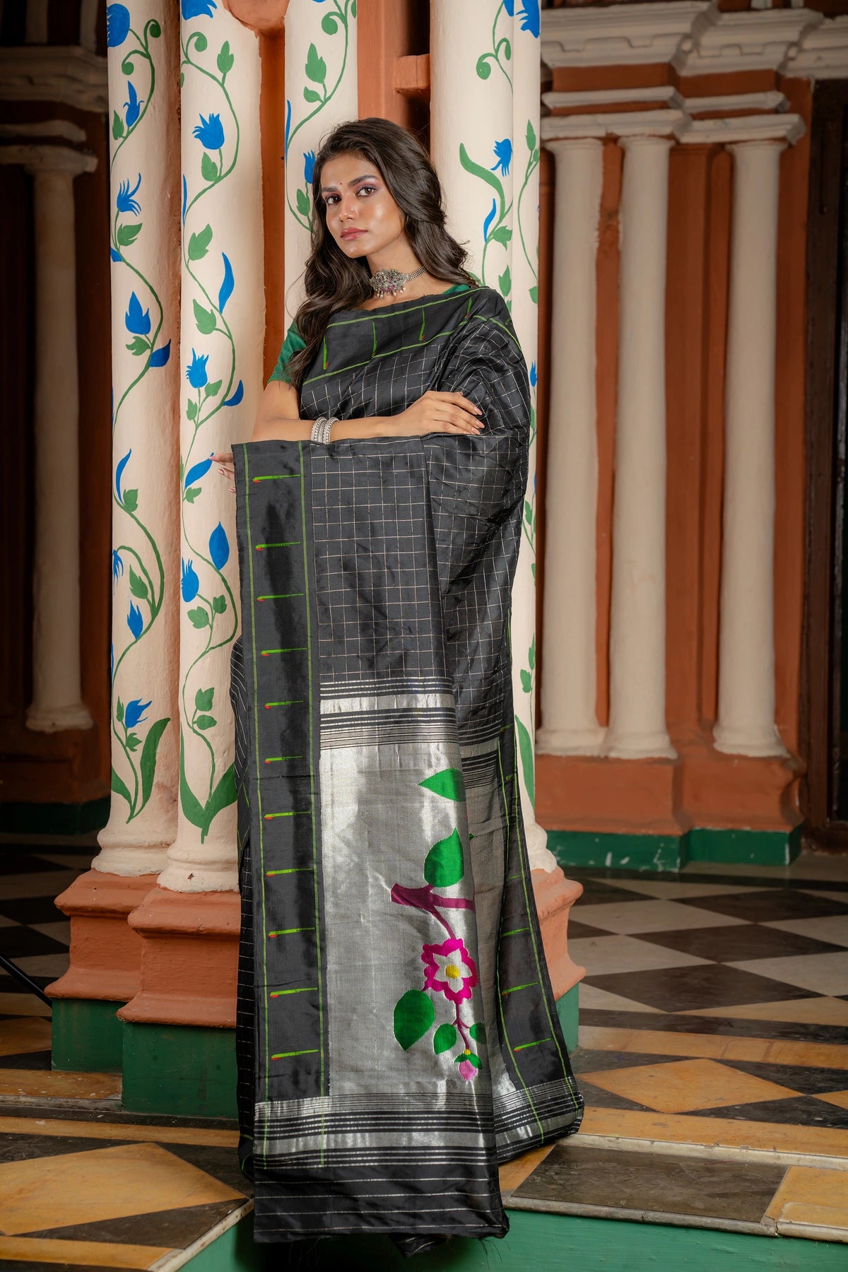 Stunning black Handwoven Pure Silk Muinya paithani in Silver zari