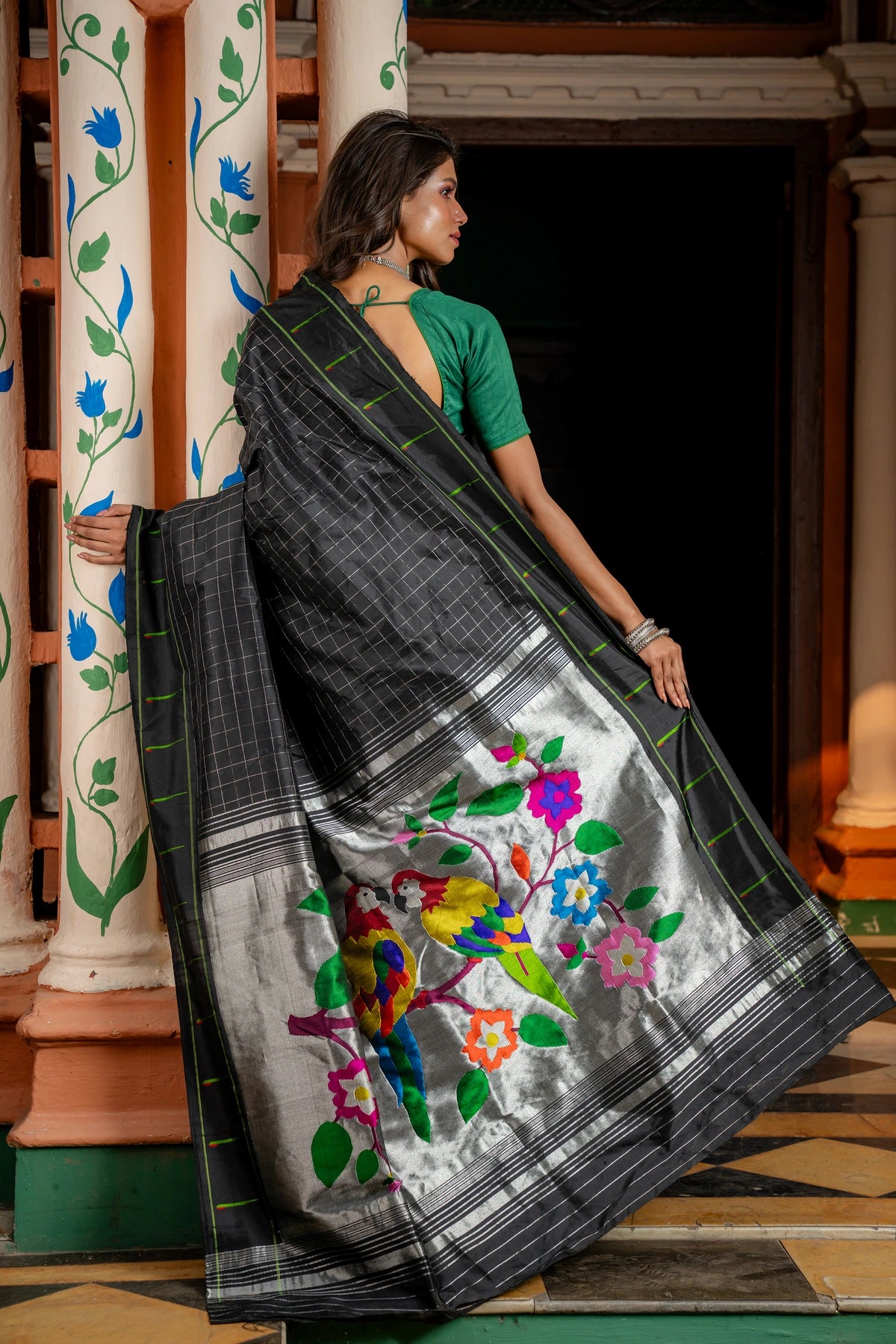 Stunning black Handwoven Pure Silk Muinya paithani in Silver zari